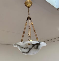 Small Art Deco Alabaster Pendant Light with White & Black Veins & Stunning Chain