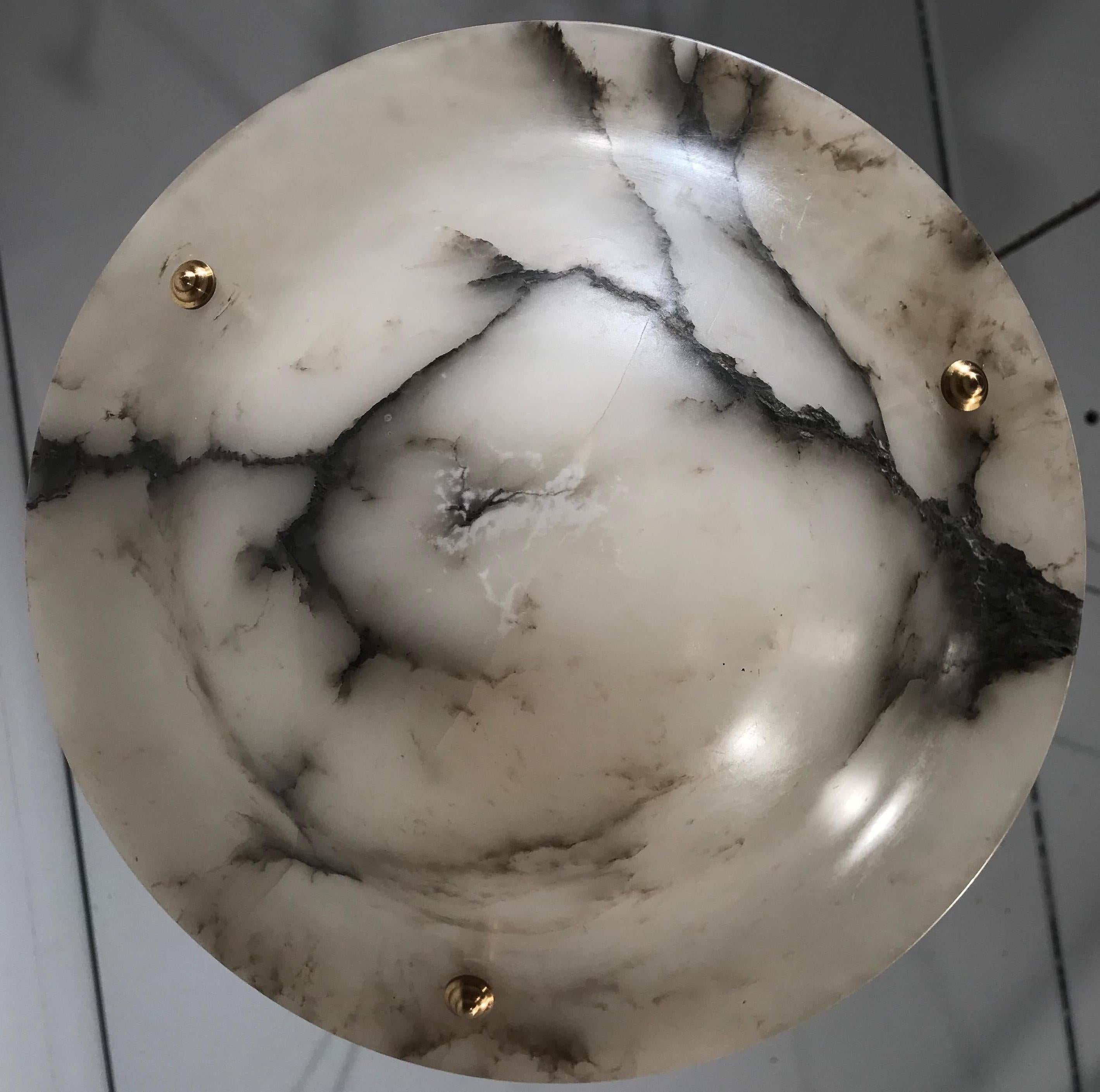 Brass Small Art Deco Alabaster Pendant Light with White & Black Veins & Stunning Chain