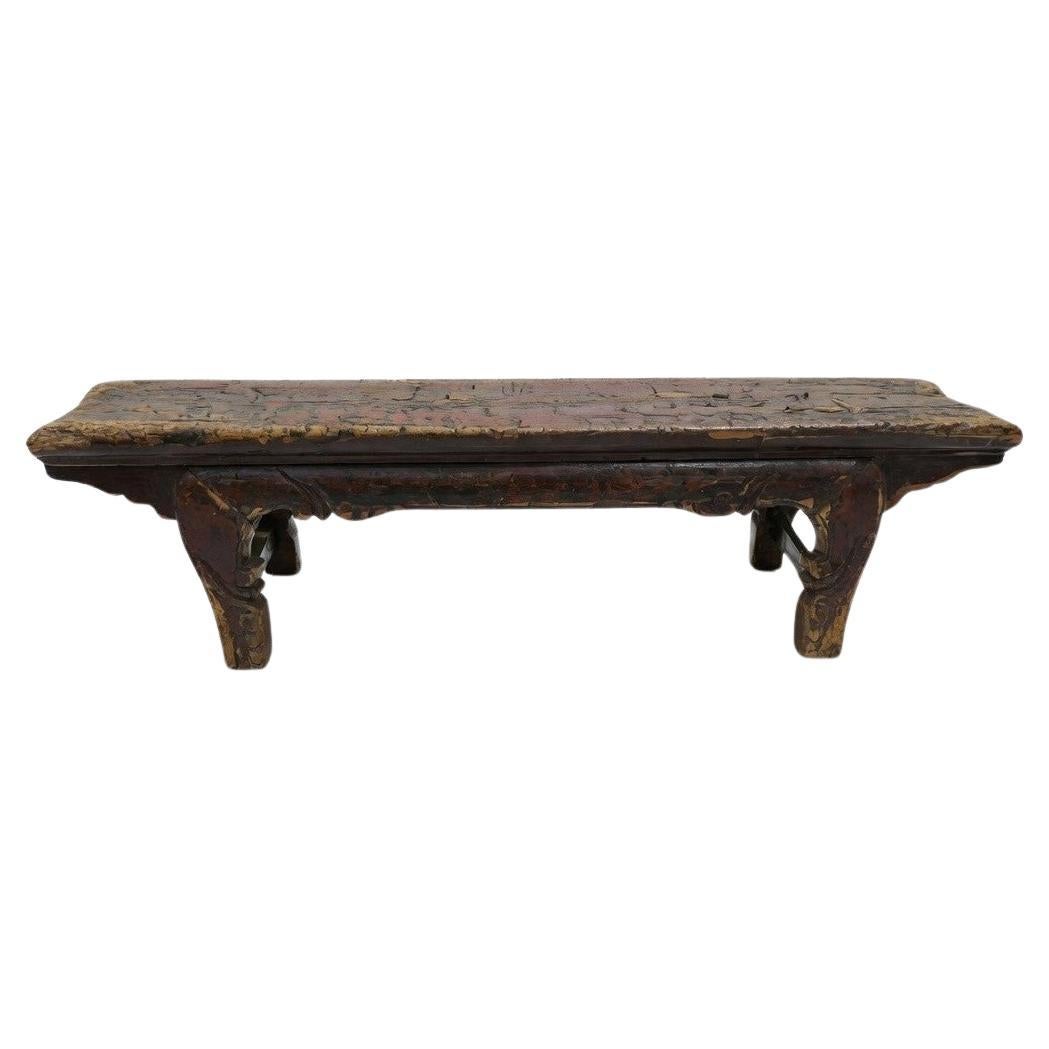 Antique Qing Dynasty Elm Bench, Red Lacquer, Early 19th Century, China