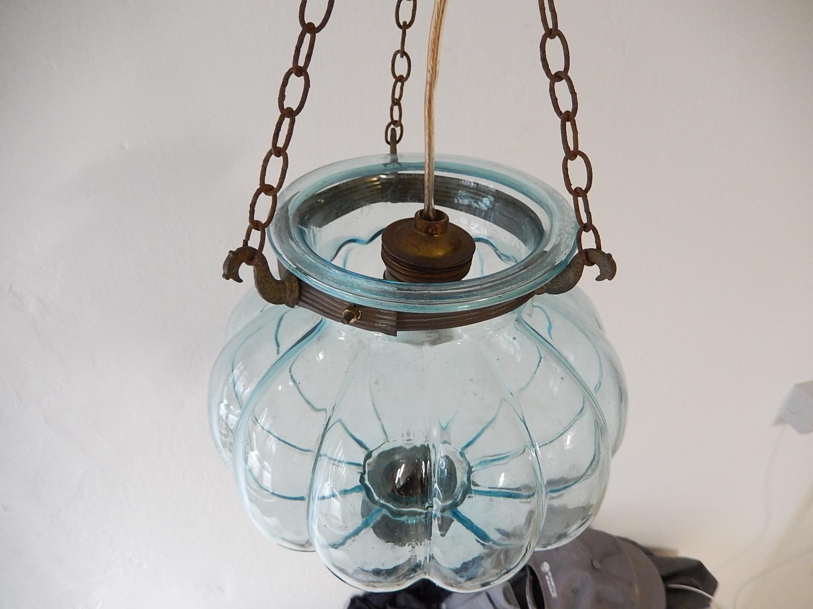 Petit Belgium Aqua Blue Blown Glass Lantern 1890s Chandelier 3