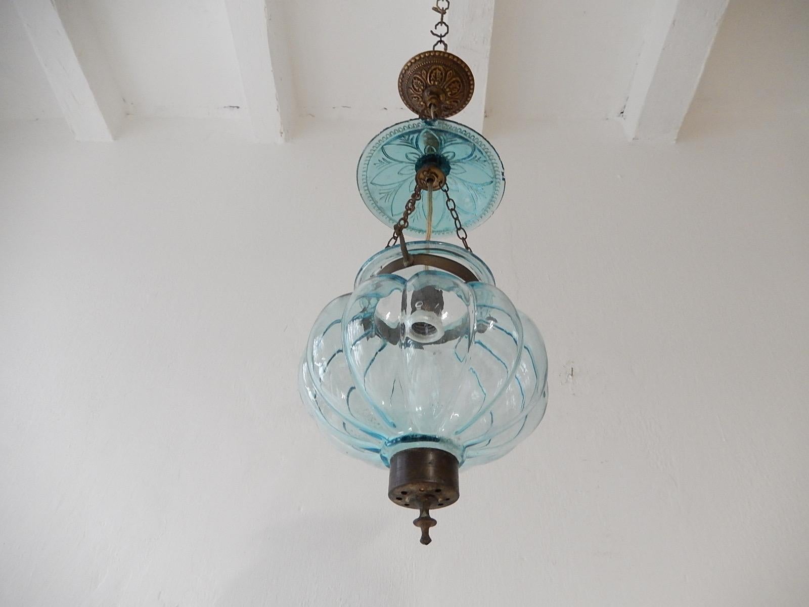 Petit lantern housing one-light. Rare aqua blue blown glass. Great craftsmanship. Re-wired and ready to hang with appropriate socket. Rare shape. Marked on side as shown in photo. Some scuff marks, but no cracks. Some small chips to lid. One bubble
