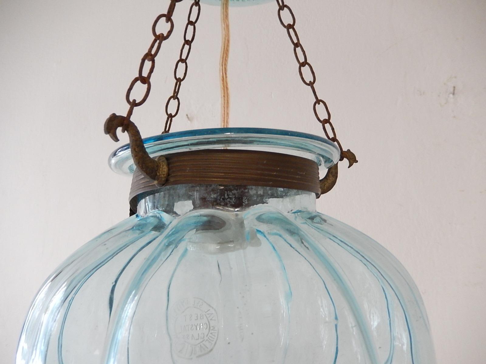 Mid-Century Modern Petit Belgium Aqua Blue Blown Glass Lantern 1890s Chandelier