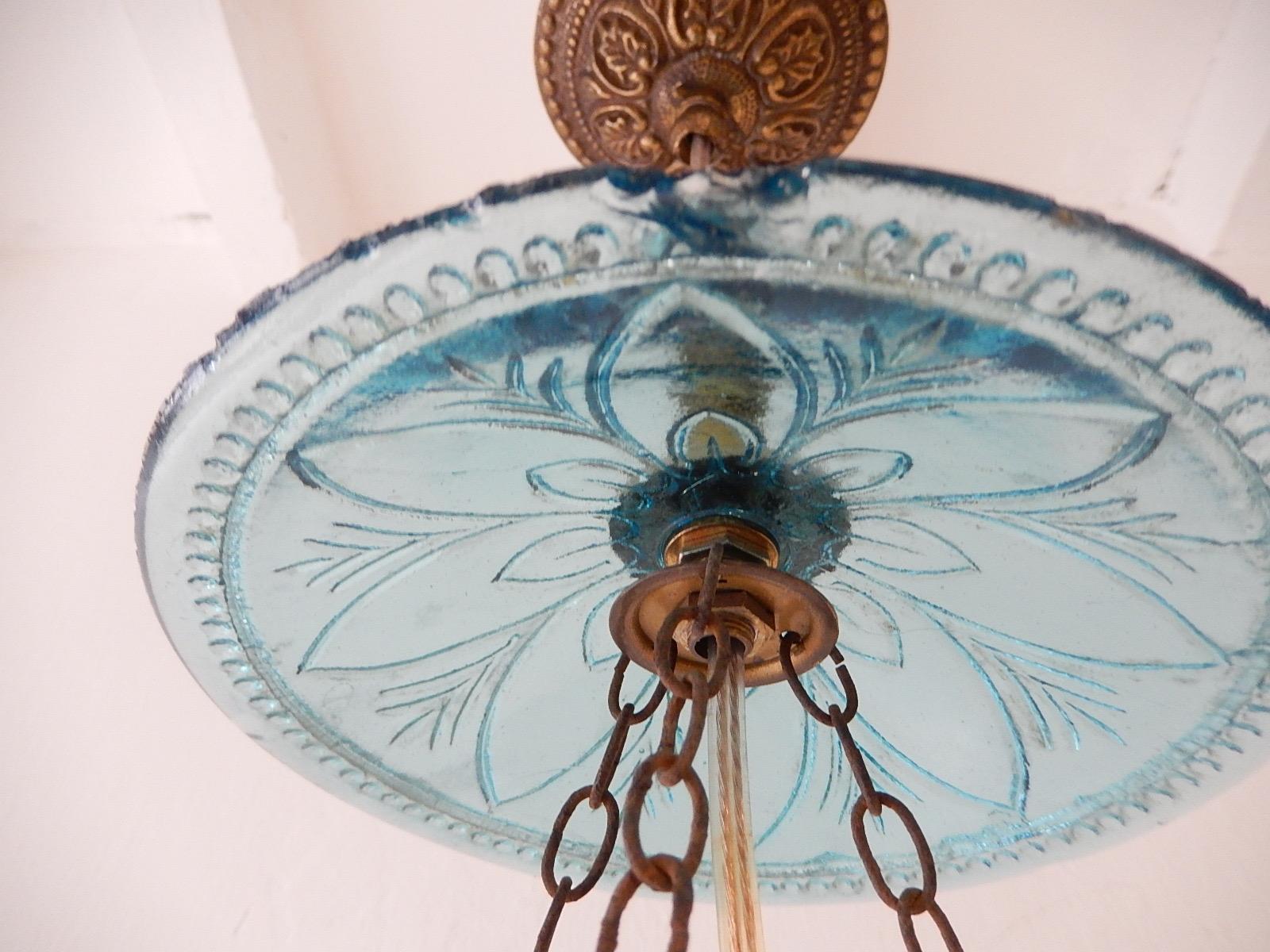 Italian Petit Belgium Aqua Blue Blown Glass Lantern 1890s Chandelier