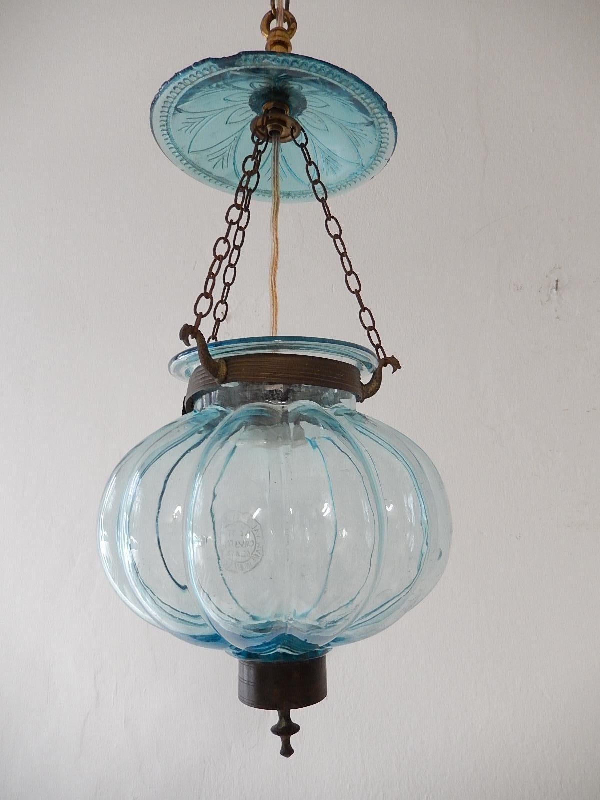 Mid-20th Century Petit Belgium Aqua Blue Blown Glass Lantern 1890s Chandelier