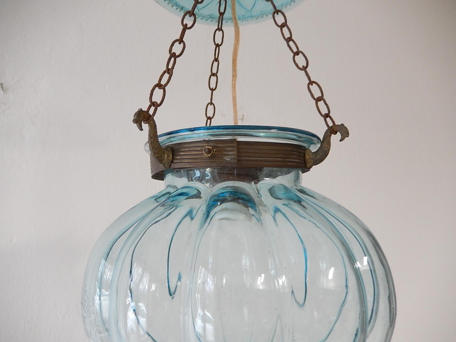 Murano Glass Petit Belgium Aqua Blue Blown Glass Lantern 1890s Chandelier