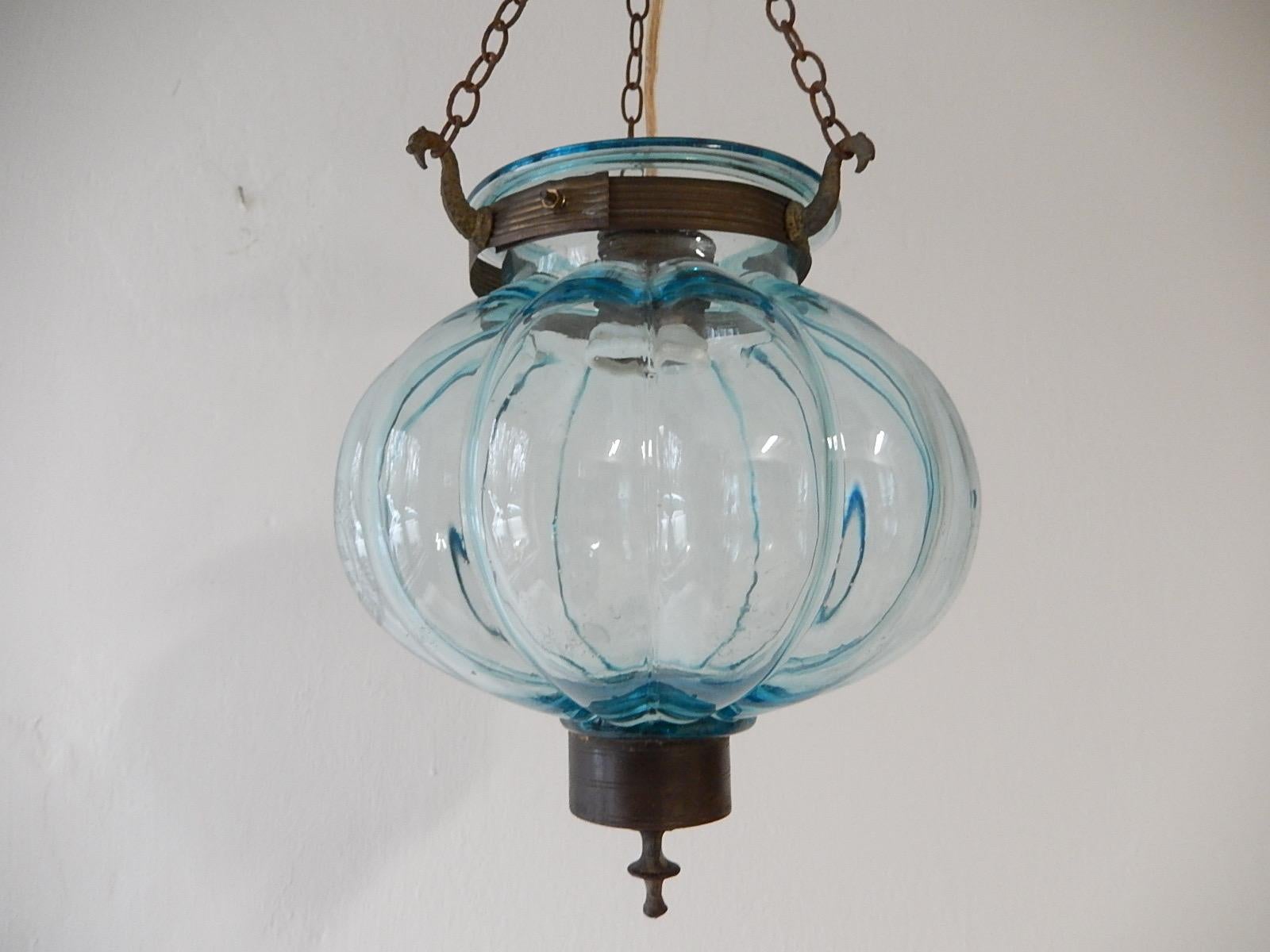 Petit Belgium Aqua Blue Blown Glass Lantern 1890s Chandelier 2
