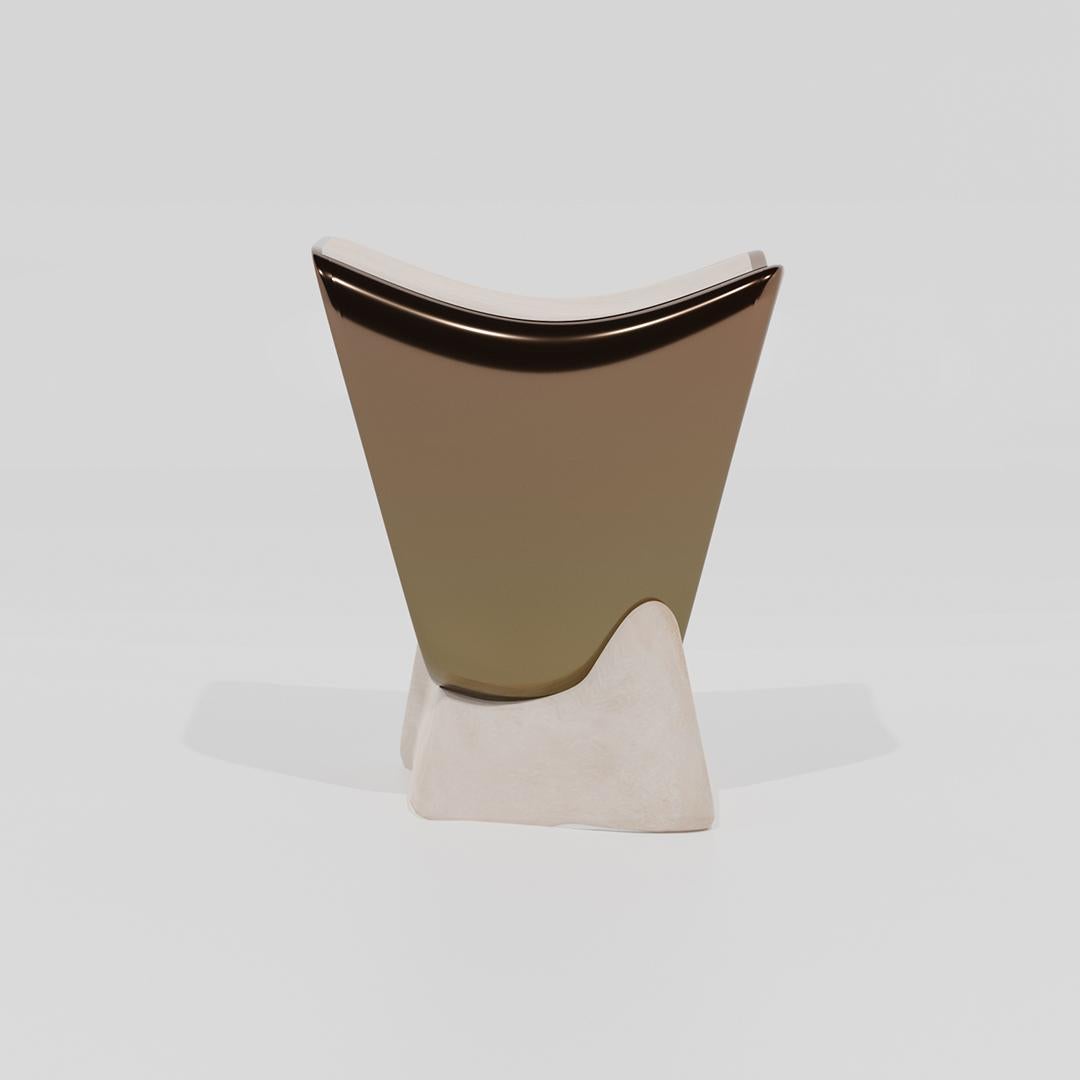 Contemporary 21st Century Hand Polished Cast Metal Bronzed Stool with Limestone Patina Base