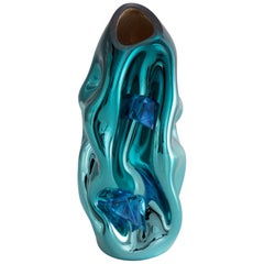 Petit Crumpled Vessel in Silver and Turquoise Hand Blown Glass by Jeff Zimmerman