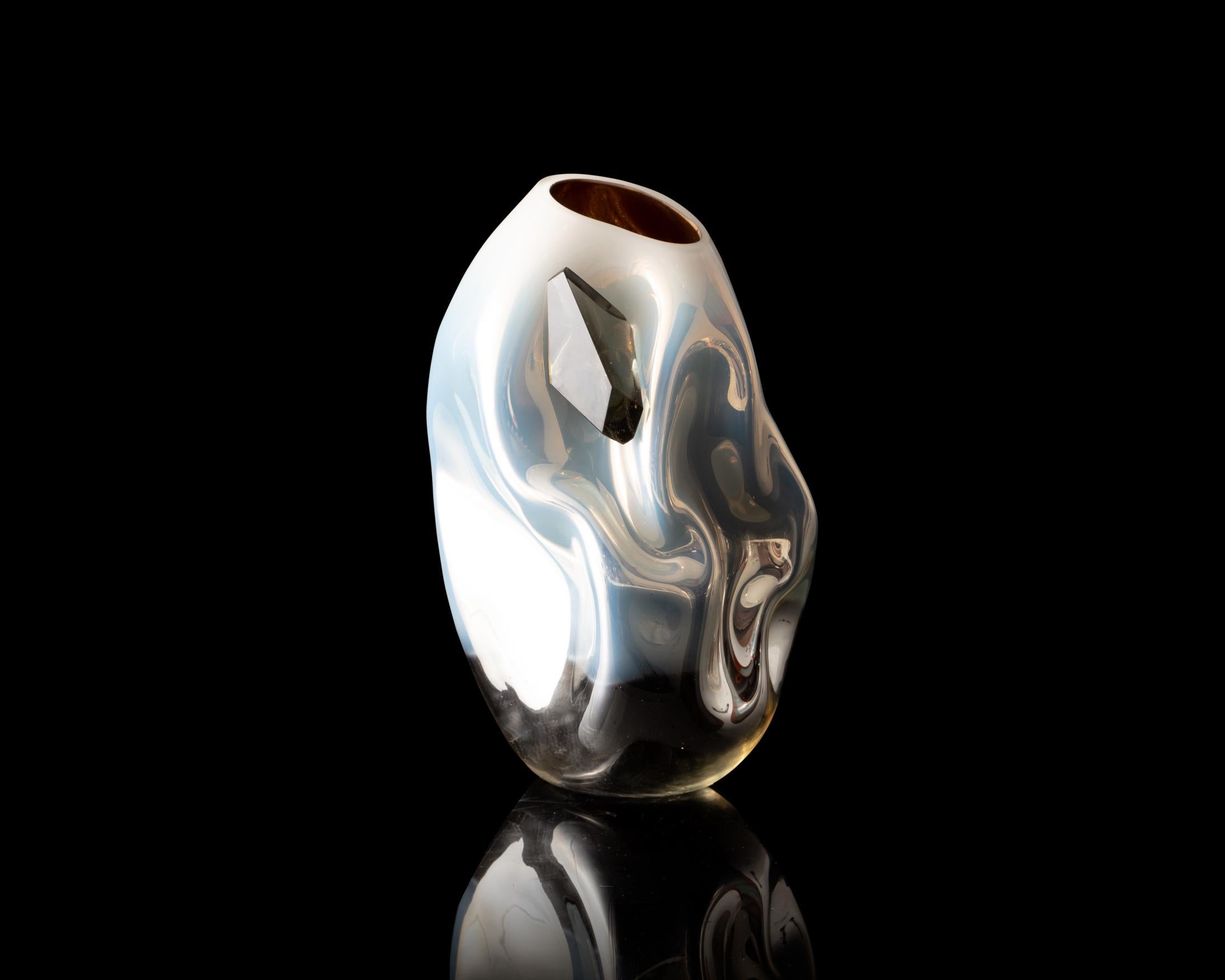 American Petit Crumpled Vessel in Silver and White Hand Blown Glass by Jeff Zimmerman