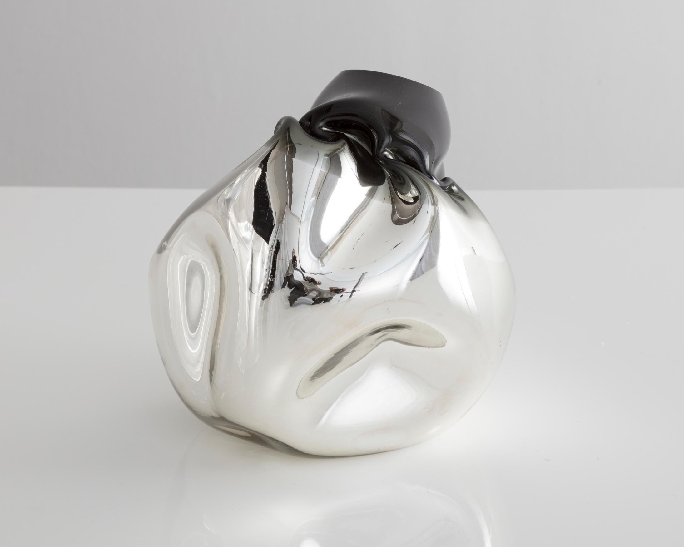 Modern Petit Crumpled Vessel in Silver Hand Blown Glass by Jeff Zimmerman