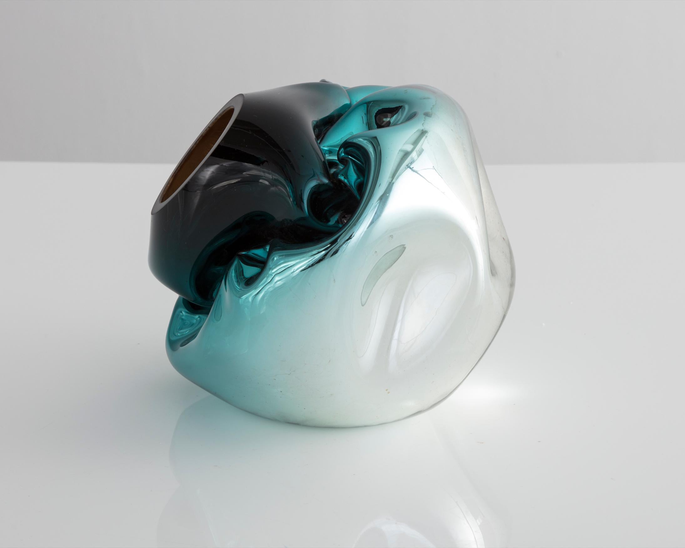 Modern Petit Crumpled Vessel in Silver and Turquoise Hand Blown Glass by Jeff Zimmerman