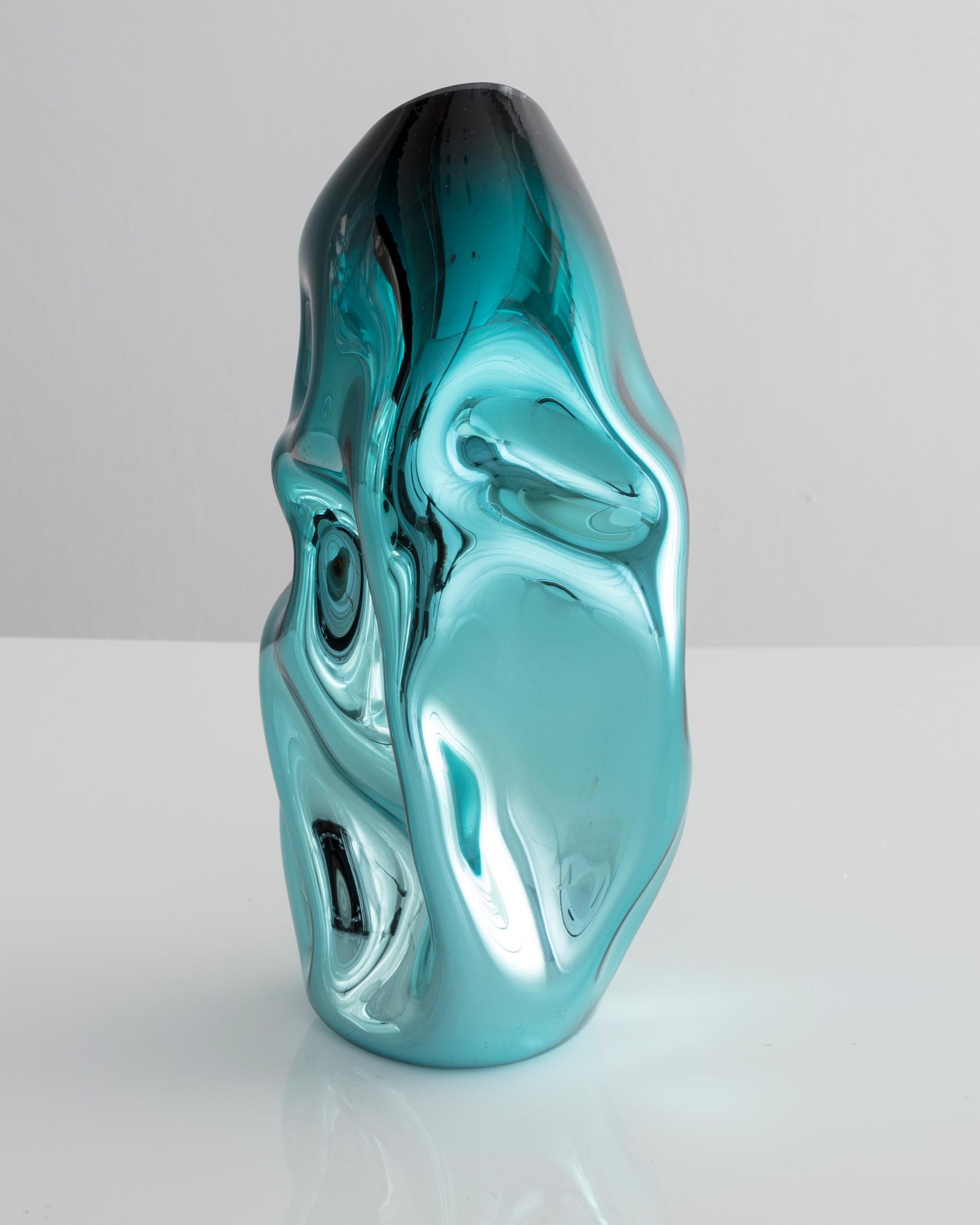 Modern Petit Crumpled Vessel in Silver and Turquoise Hand Blown Glass by Jeff Zimmerman