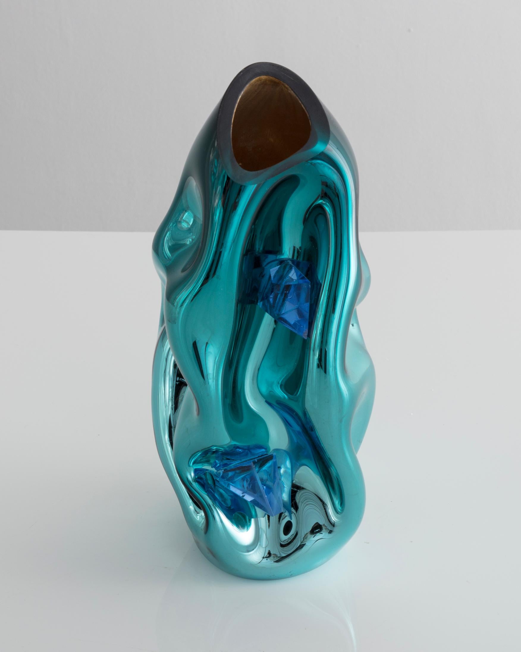 American Petit Crumpled Vessel in Silver and Turquoise Hand Blown Glass by Jeff Zimmerman