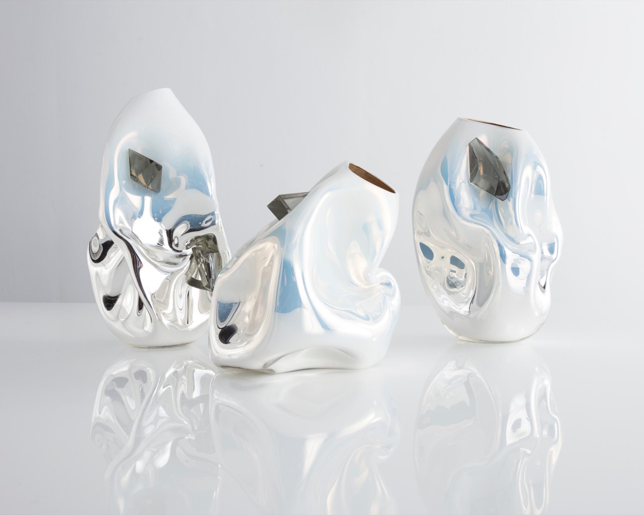 Modern Petit Crumpled Vessel in Silver and White Hand Blown Glass by Jeff Zimmerman