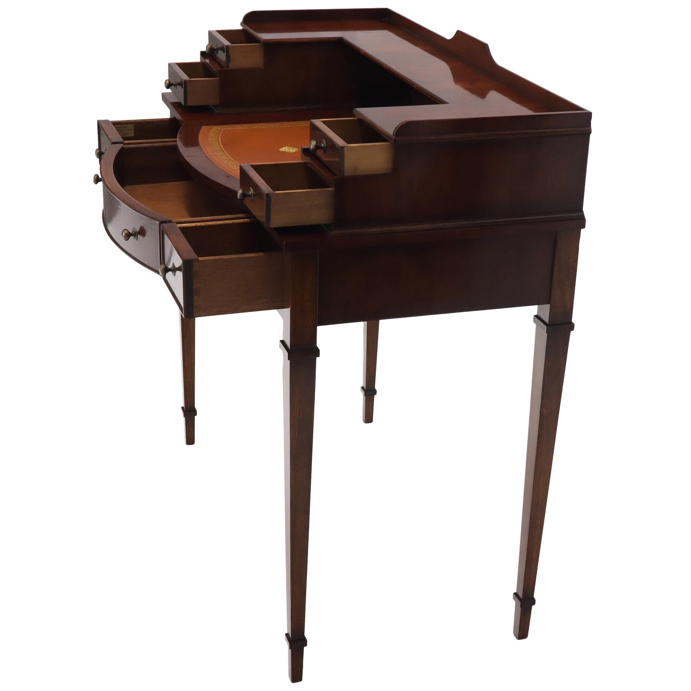 Petit English Multi Drawer Compartment Mahogany Leather Top Desk For Sale