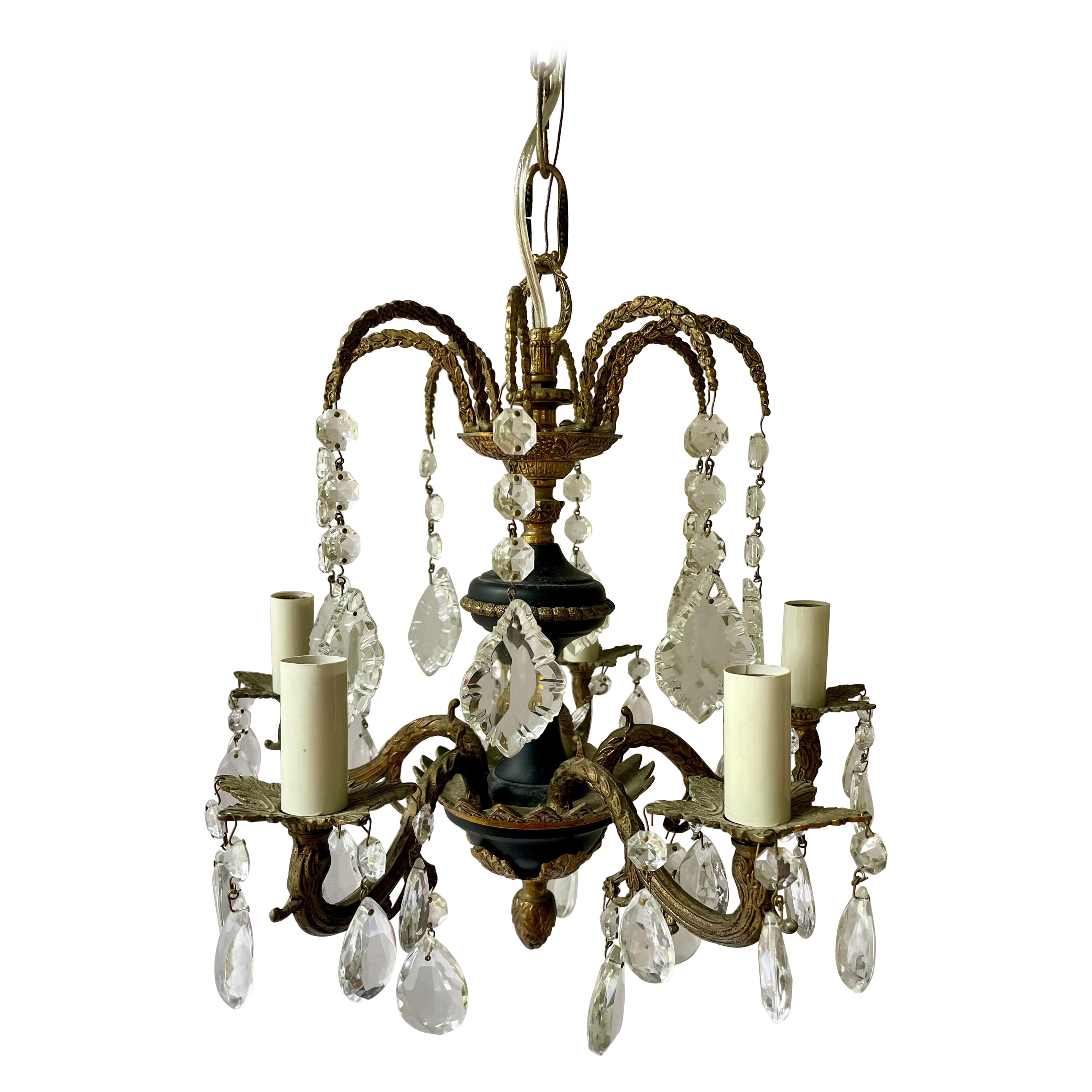 Petit French Empire Style Brass and Crystal Chandelier