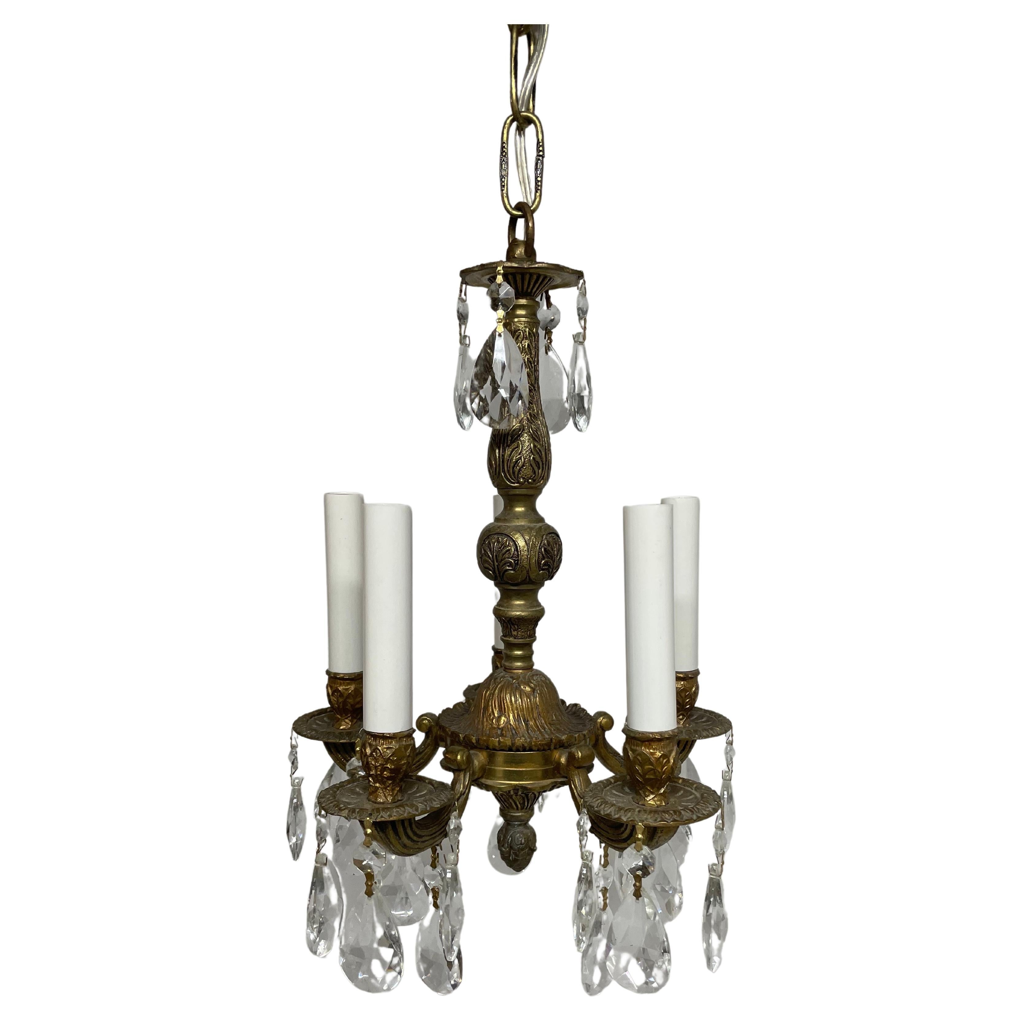 Rococo Revival Petit French Style Brass and Crystal Chandelier For Sale