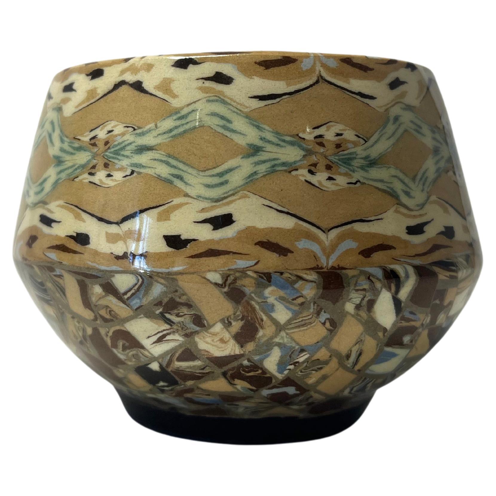 Petit Jean Gerbino For Vallauris, France, Ceramic Glazed Earth Tones Mosaic Pot For Sale