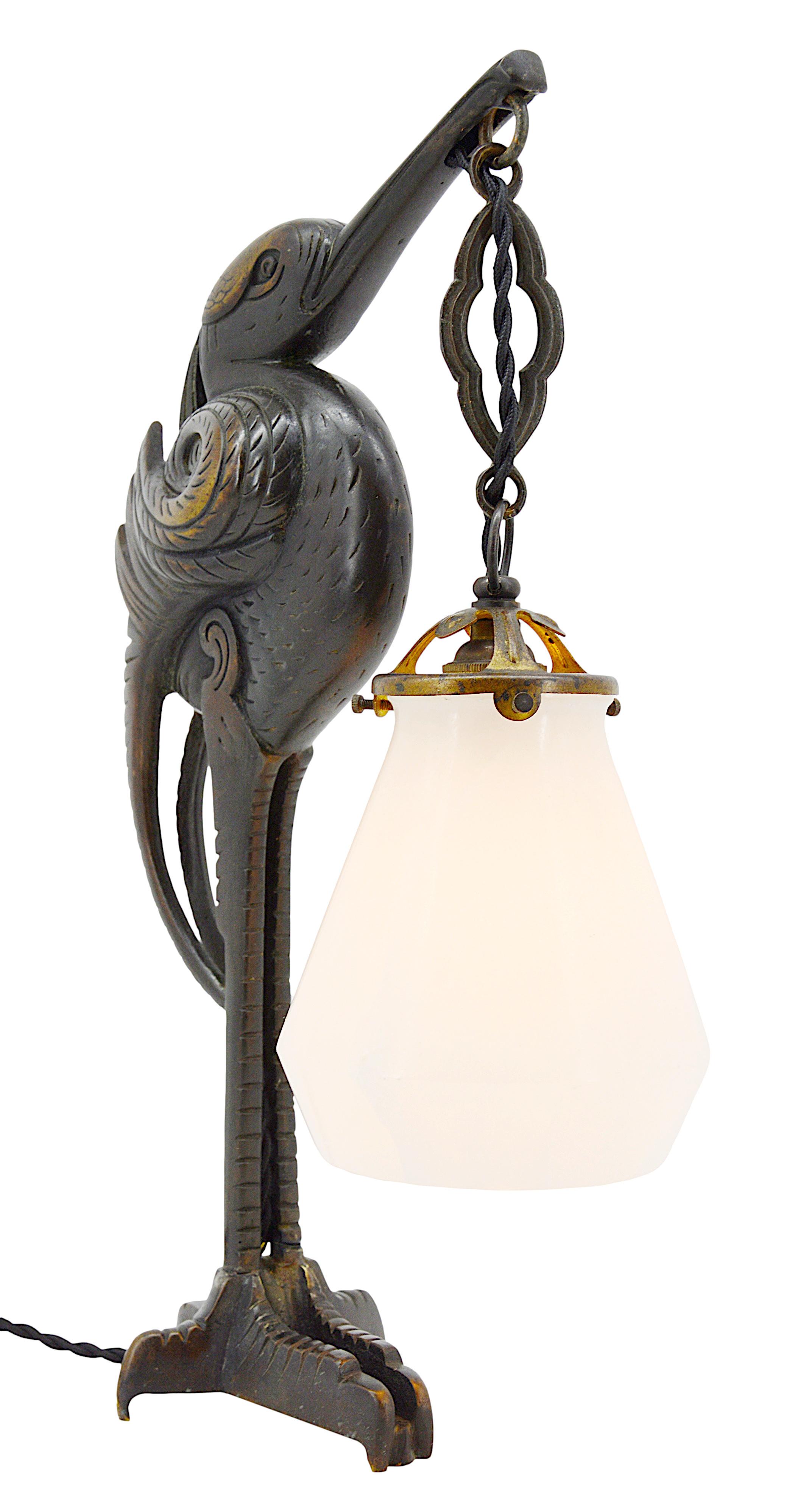 Petit-Monsigny French Art Deco Ibis Sculpture Table Lamp, 1920 In Excellent Condition For Sale In Saint-Amans-des-Cots, FR