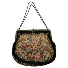 Petit Needlepoint Tapestry Floral Embroidered Purse w/ Ornate Silver Clasps