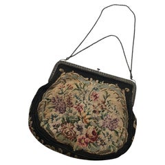 Petit Needlepoint Tapestry Floral Embroidered Purse w/ Ornate Silver Clasps