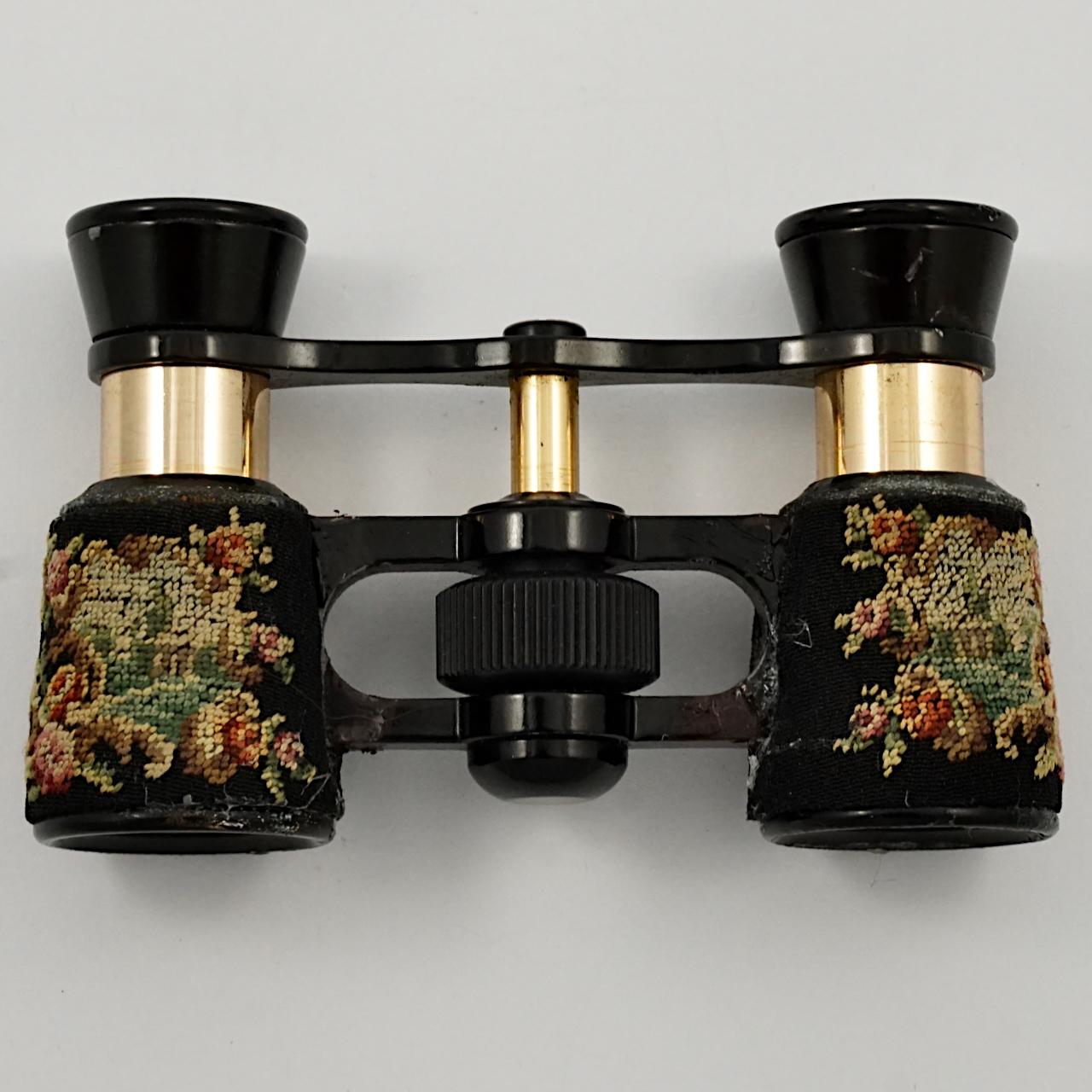 Brown Petit Point Opera Glasses in a Petit Point Case with Gold Leather Moiré Lining