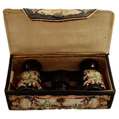 Petit Point Opera Glasses in a Petit Point Case with Gold Leather Moiré Lining
