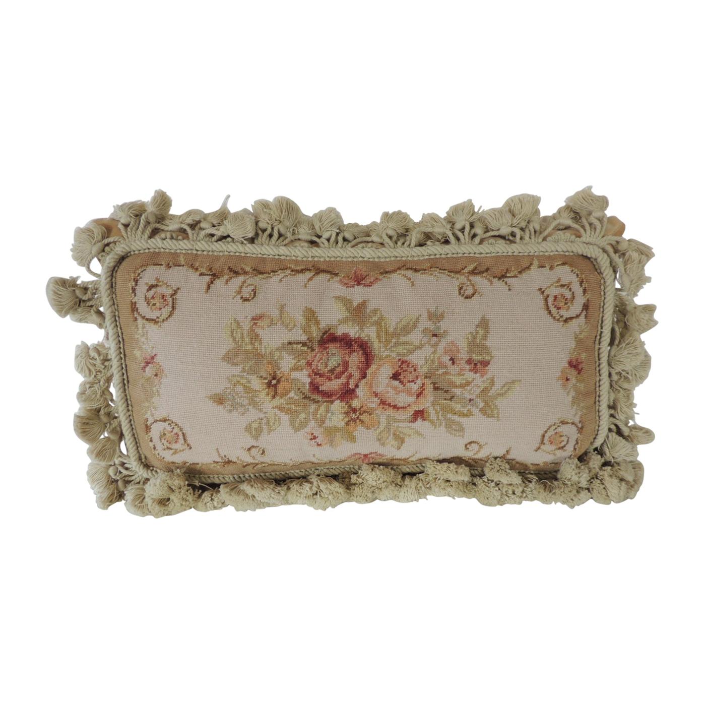 Petit Point Tapestry Floral Decorative Lumbar Pillow with Tassel Fringes