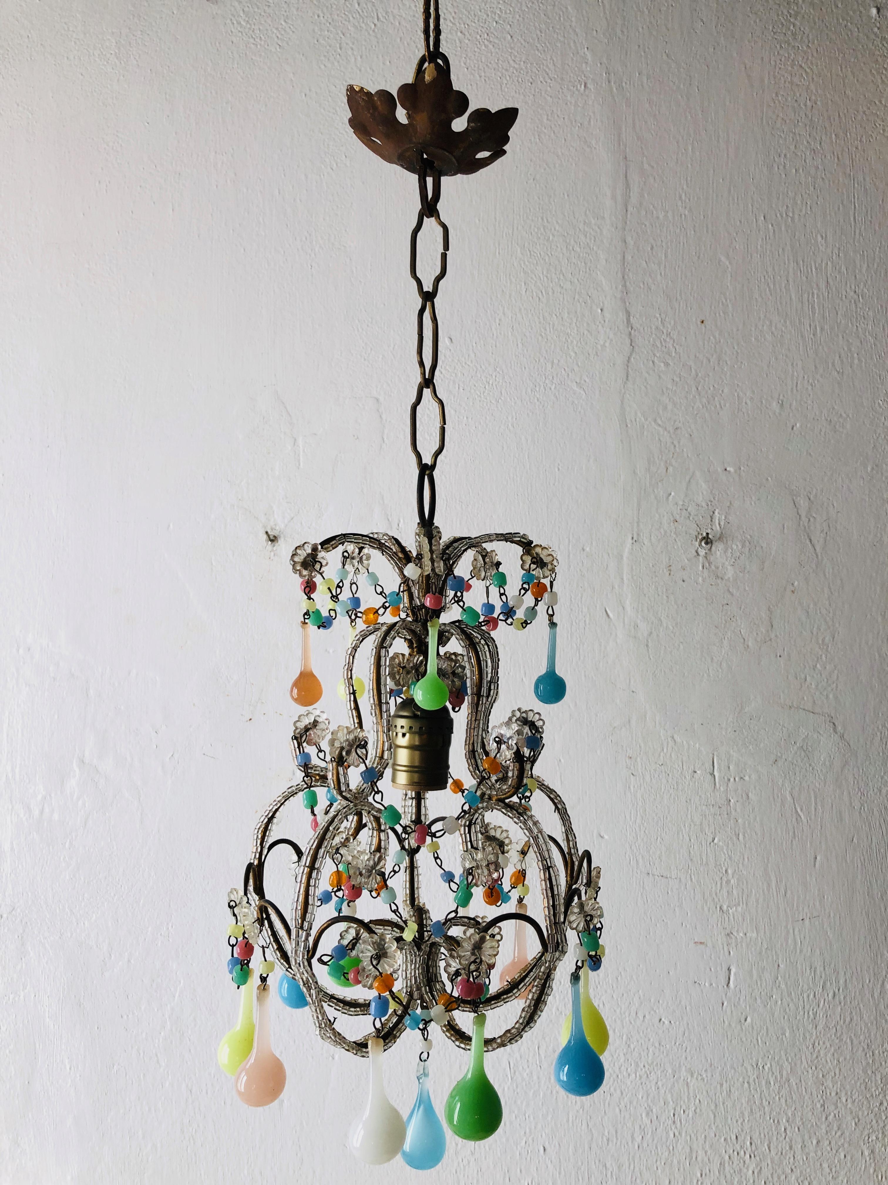 French Petit Rainbow Colors Opaline Drops Beaded Chandelier, circa 1920