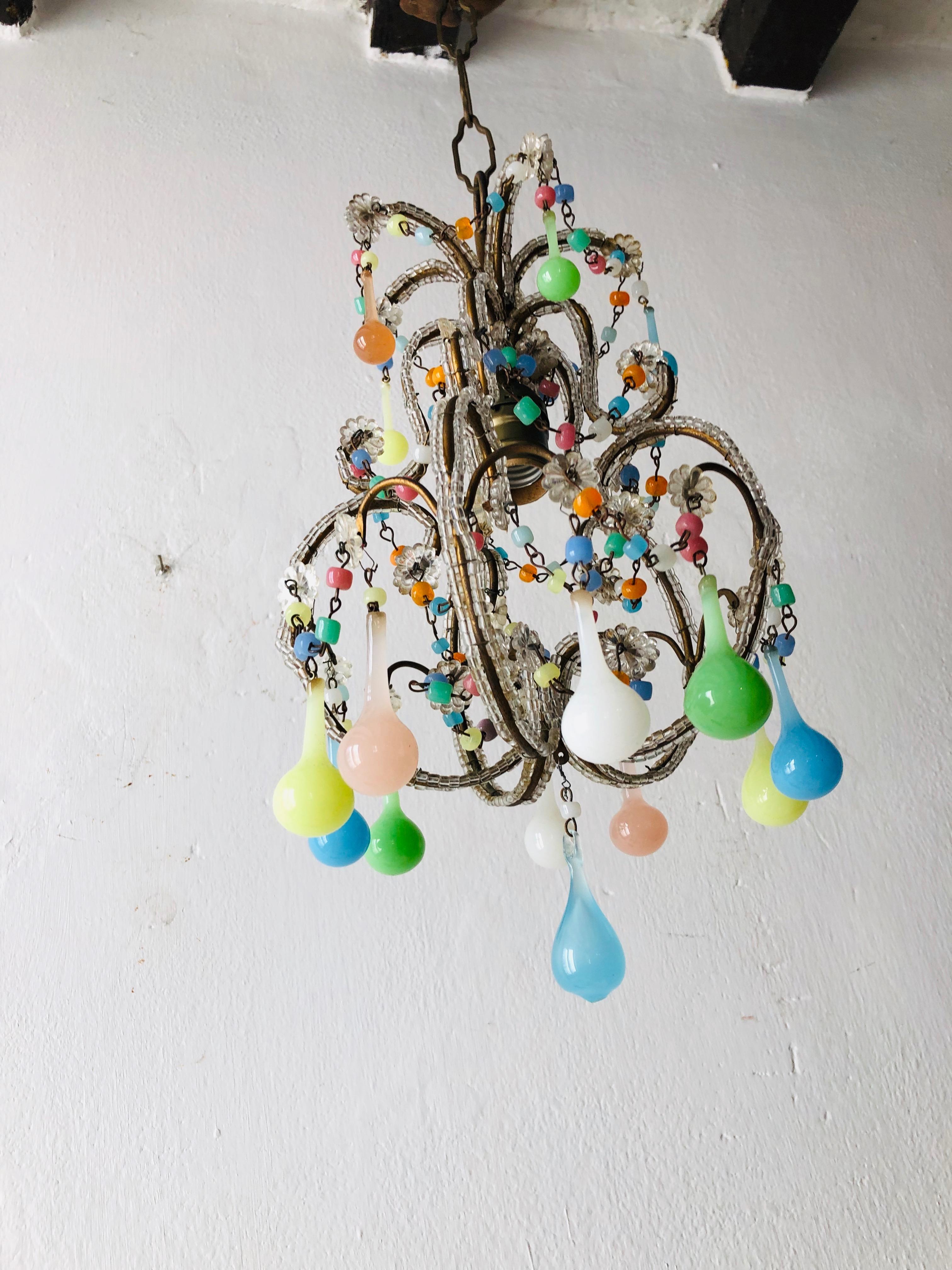 Petit Rainbow Colors Opaline Drops Beaded Chandelier, circa 1920 In Good Condition In Modena (MO), Modena (Mo)