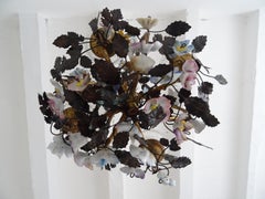 Petit Rare French Tole Gilt Wood Porcelain Flowers Chandelier, circa 1900