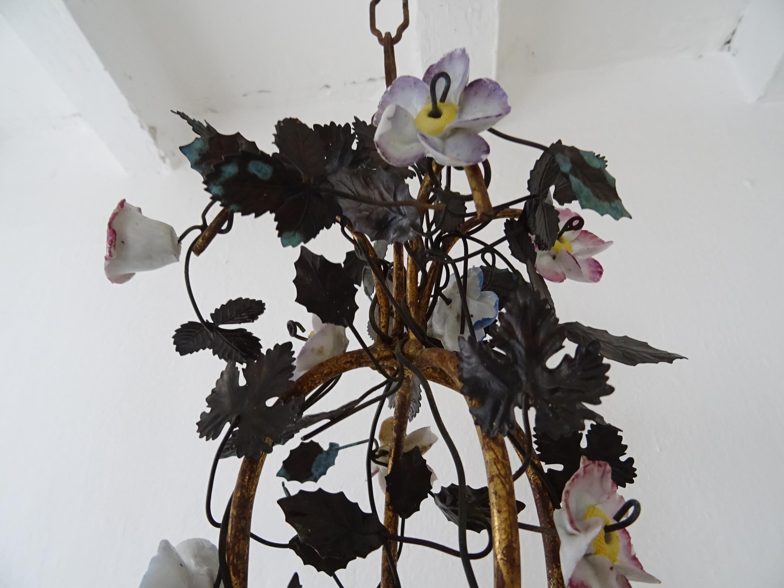 Early 20th Century Petit Rare French Tole Gilt Wood Porcelain Flowers Chandelier, circa 1900 For Sale