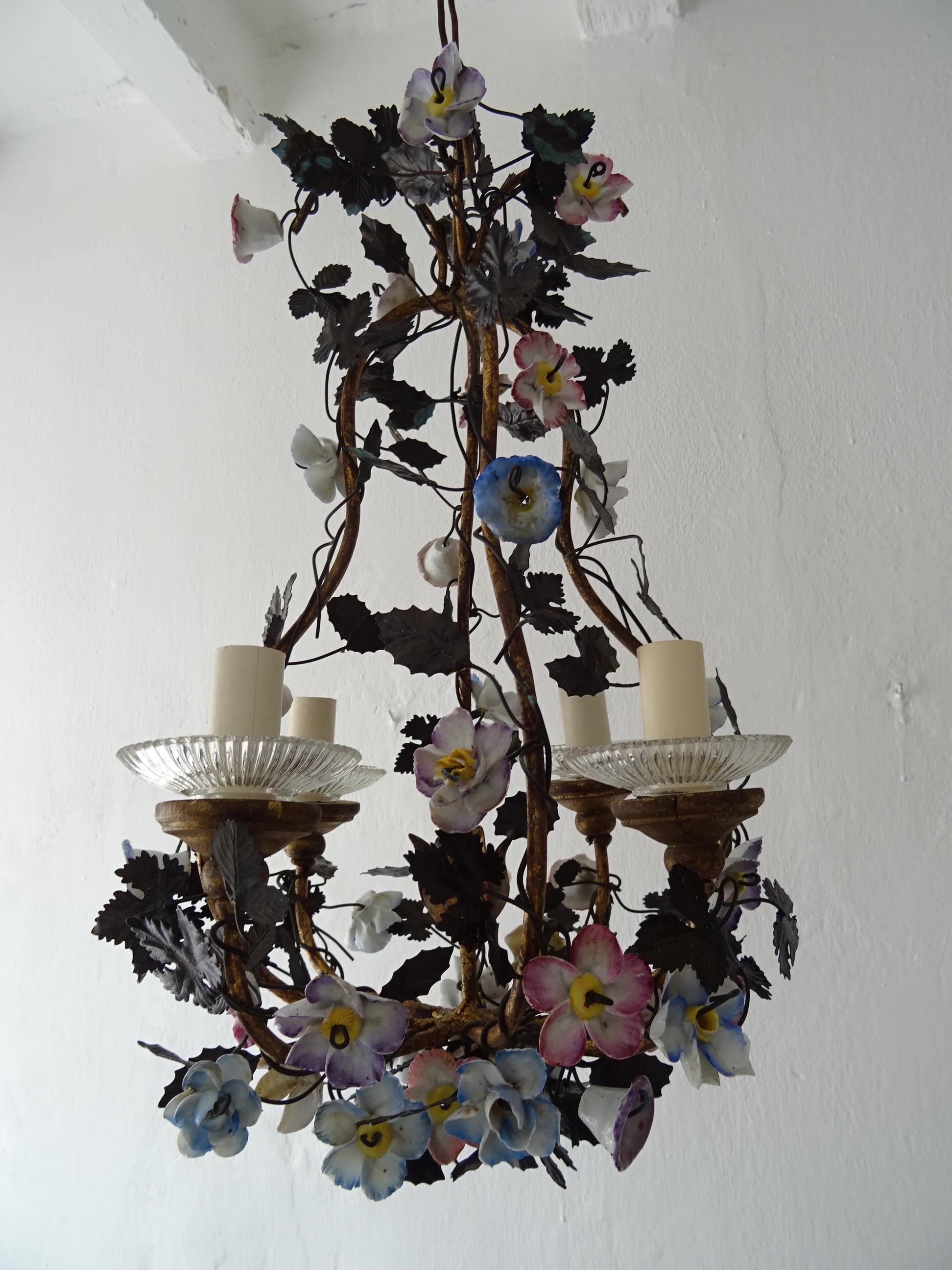 Petit Rare French Tole Gilt Wood Porcelain Flowers Chandelier, circa 1900 For Sale 3