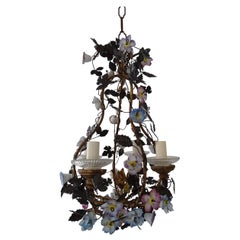 Petit Rare French Tole Gilt Wood Porcelain Flowers Chandelier, circa 1900