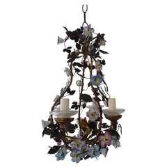 Petit Rare French Tole Gilt Wood Porcelain Flowers Chandelier, circa 1900