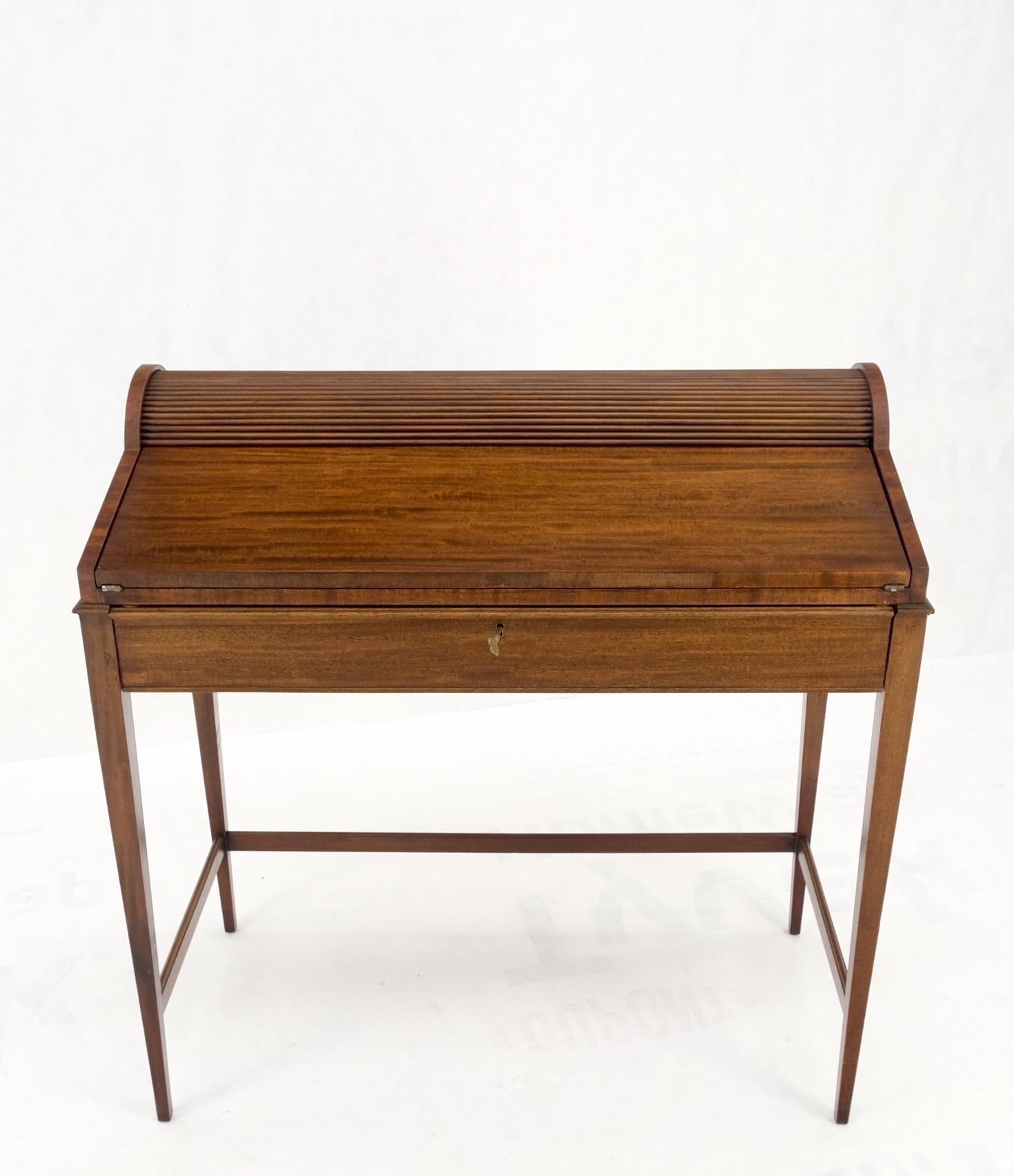 Petit Roll Top Mahogany Mechanical Desk Writing Table Tapered Legs Mid Century For Sale 7