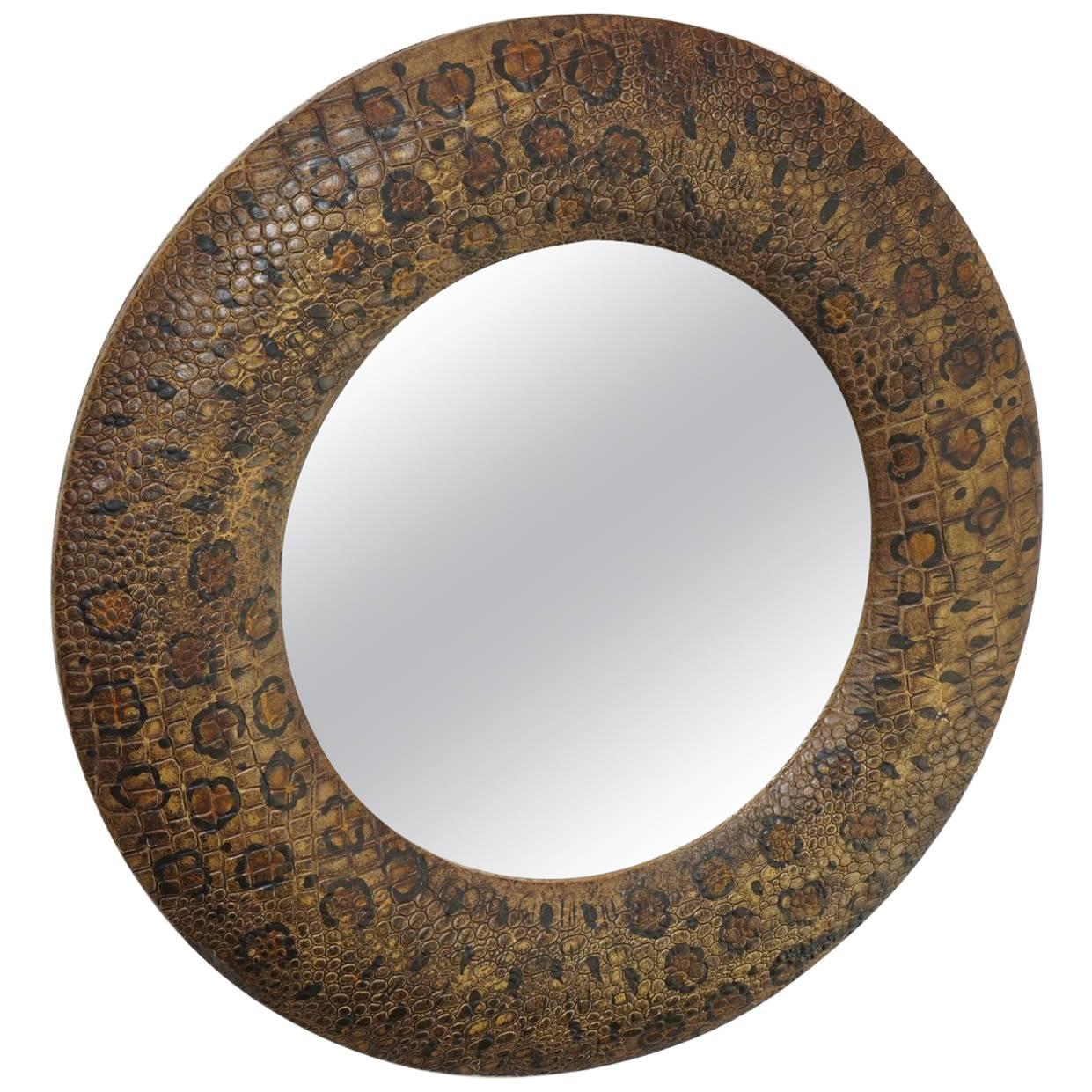Petit Round Mirror with Snakeskin Motif For Sale