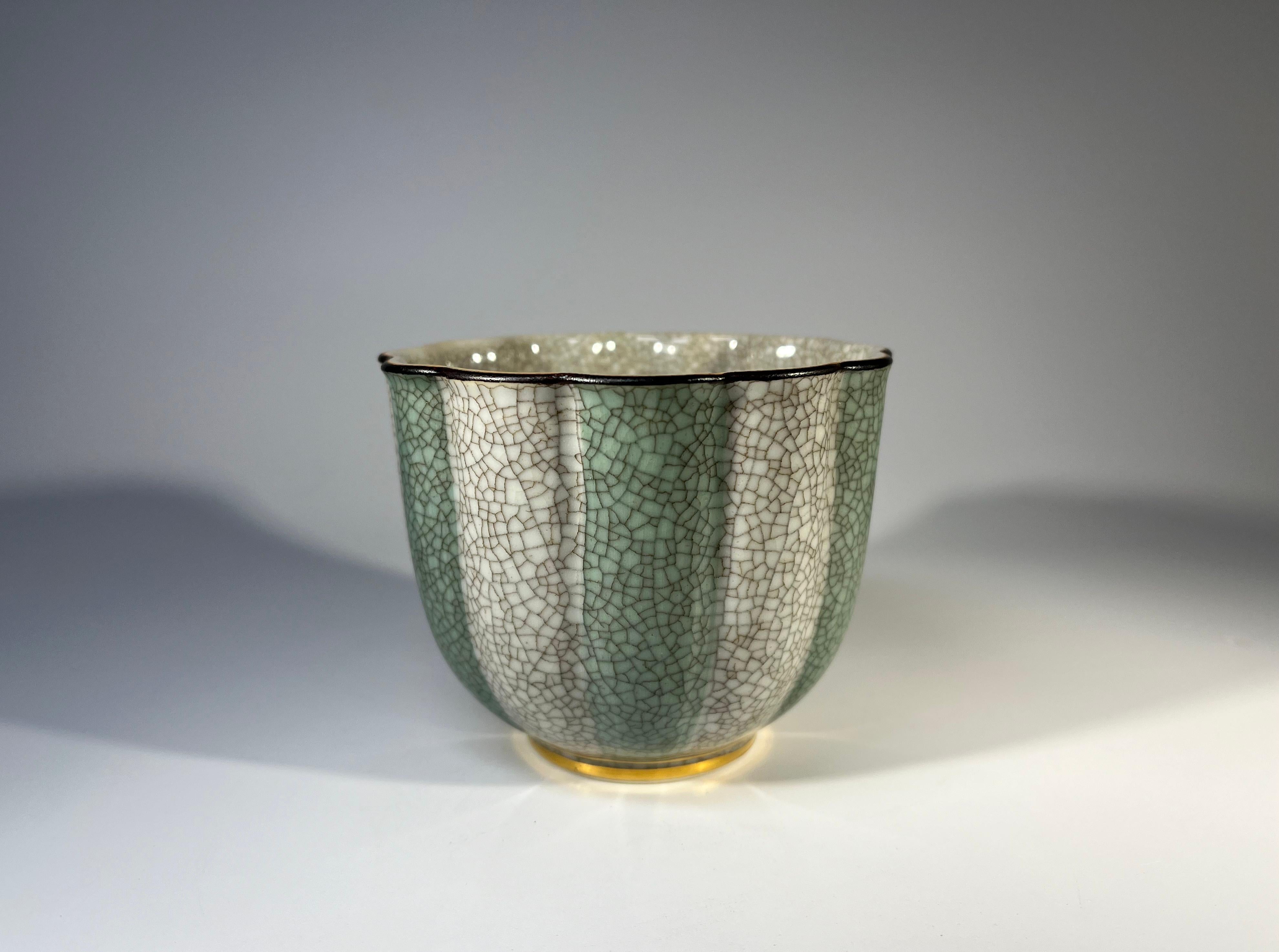 Petit Royal Copenhagen Green Grey Crackle Glazed Gilded Cache Pot #3483 In Good Condition In Rothley, Leicestershire