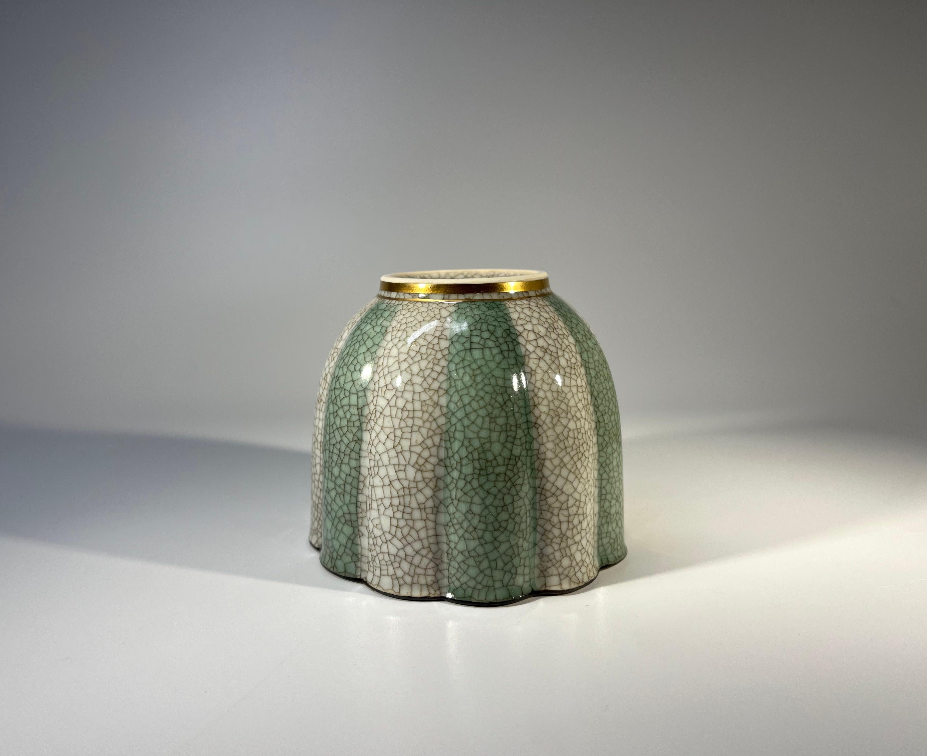 20th Century Petit Royal Copenhagen Green Grey Crackle Glazed Gilded Cache Pot #3483