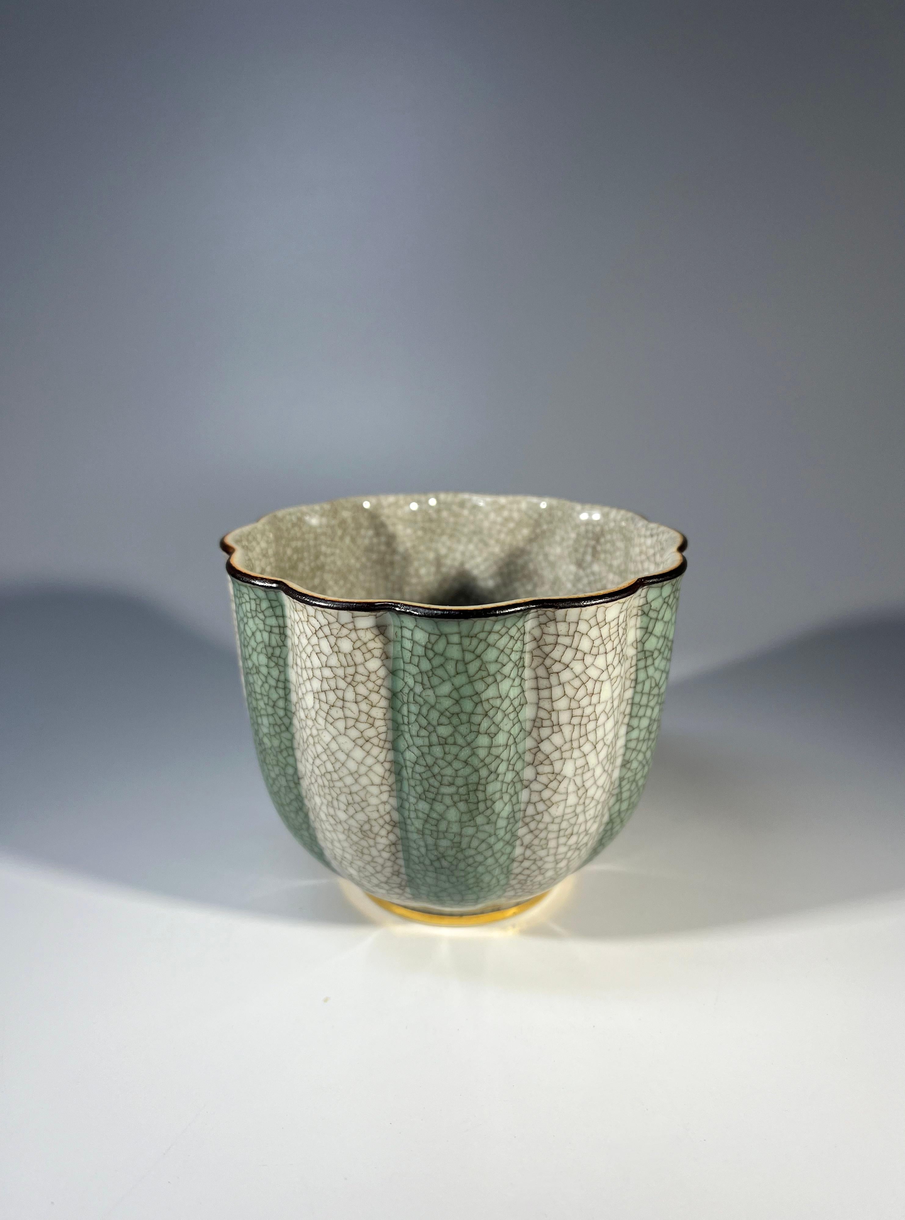 Porcelain Petit Royal Copenhagen Green Grey Crackle Glazed Gilded Cache Pot #3483
