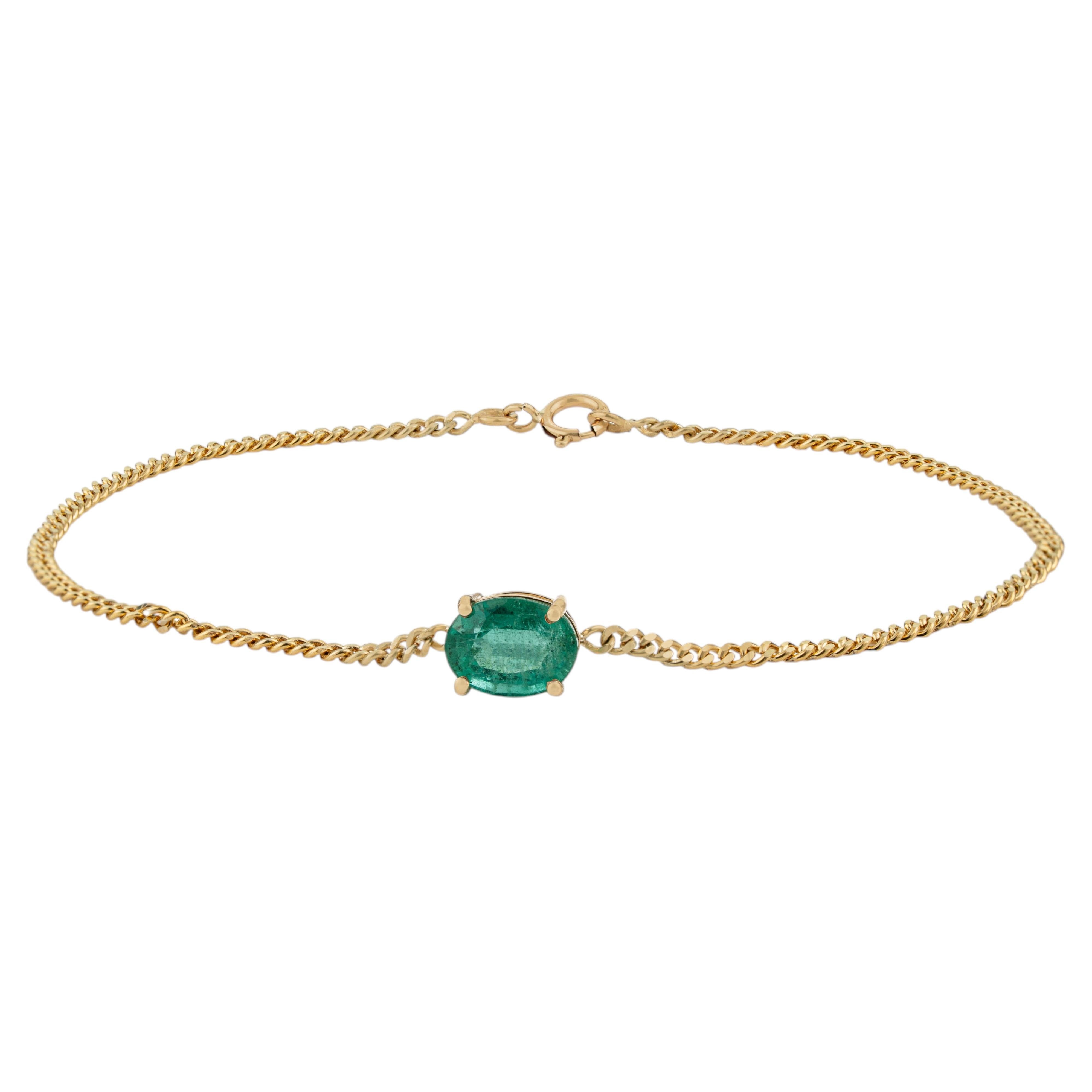 Bracciale a catena con smeraldo solitario taglio ovale Petite 1.53ct in oro giallo 14K