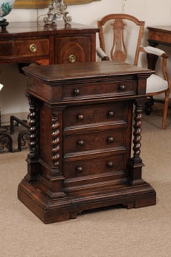 Petite 18th Century Italian Walnut Commode with 4 Drawers & Barley Twist Detail