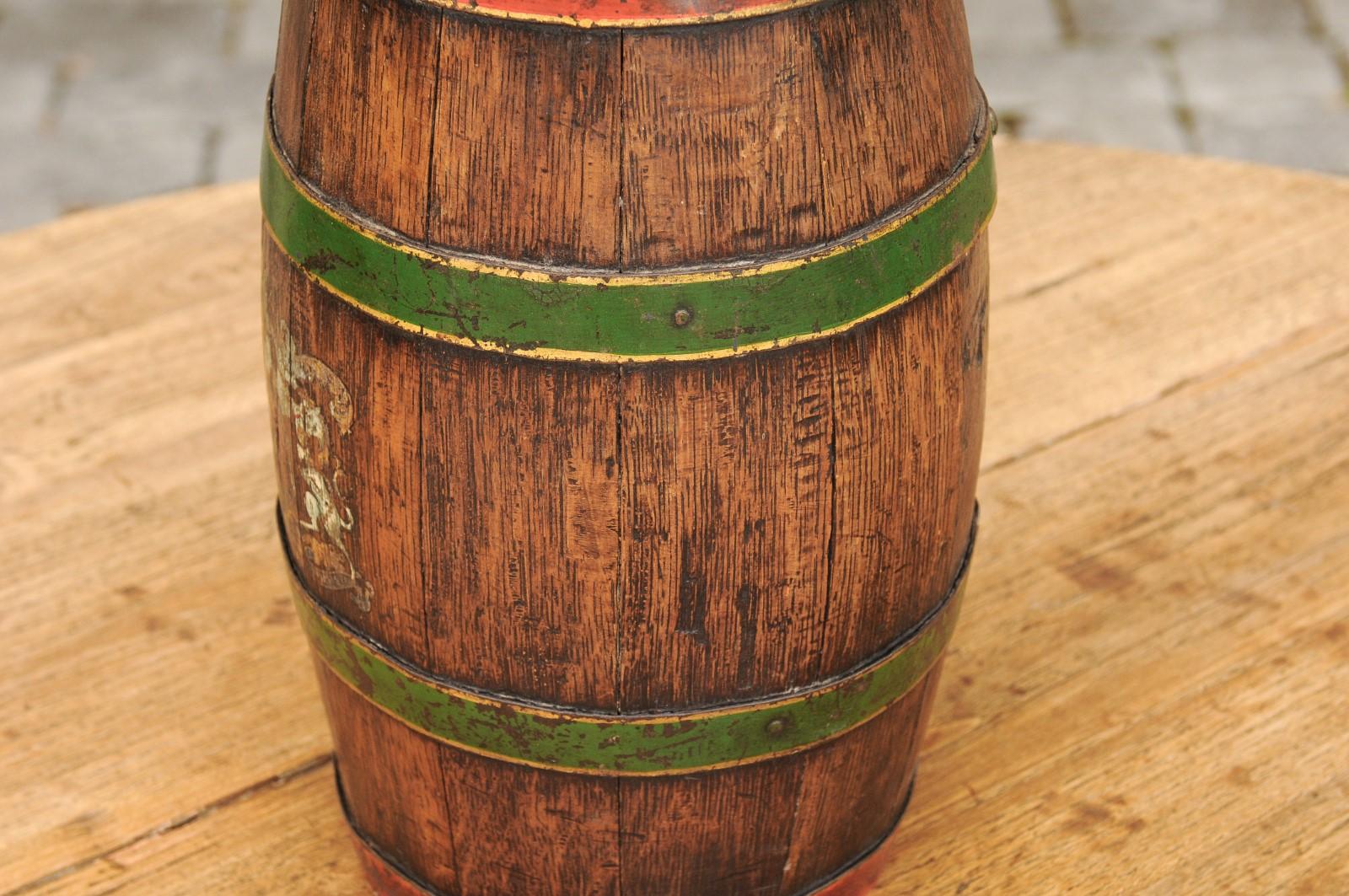 Petite 1900s Rustic English Edwardian Wooden Barrel with Green and Red Accents 5