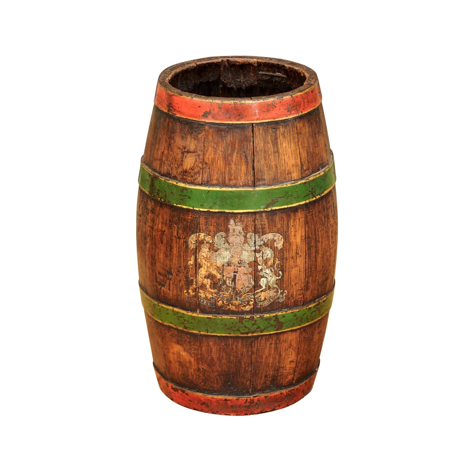 Petite 1900s Rustic English Edwardian Wooden Barrel with Green and Red Accents