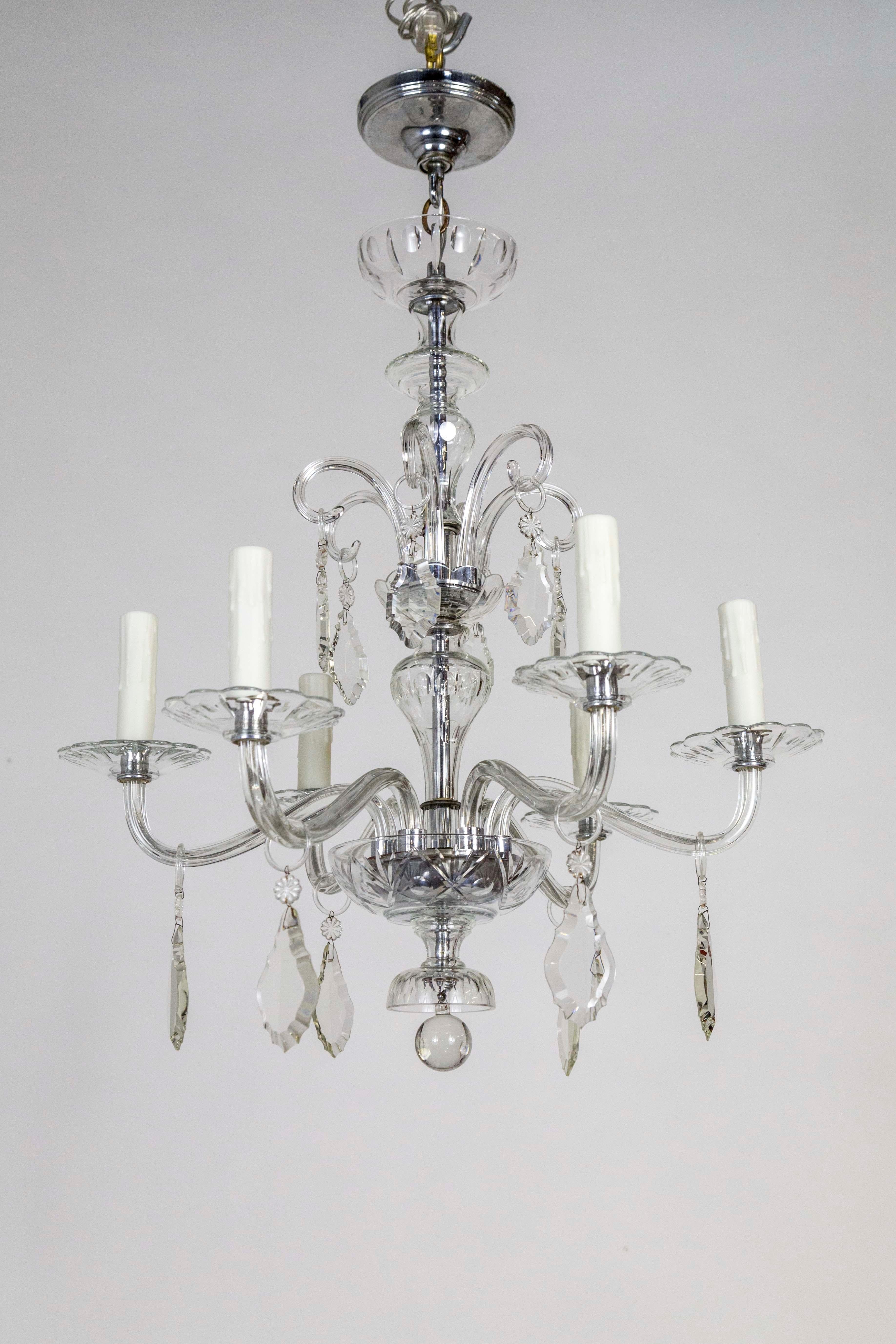 Petite 1920s Glass & Crystal Chandelier with Chrome Accents 4