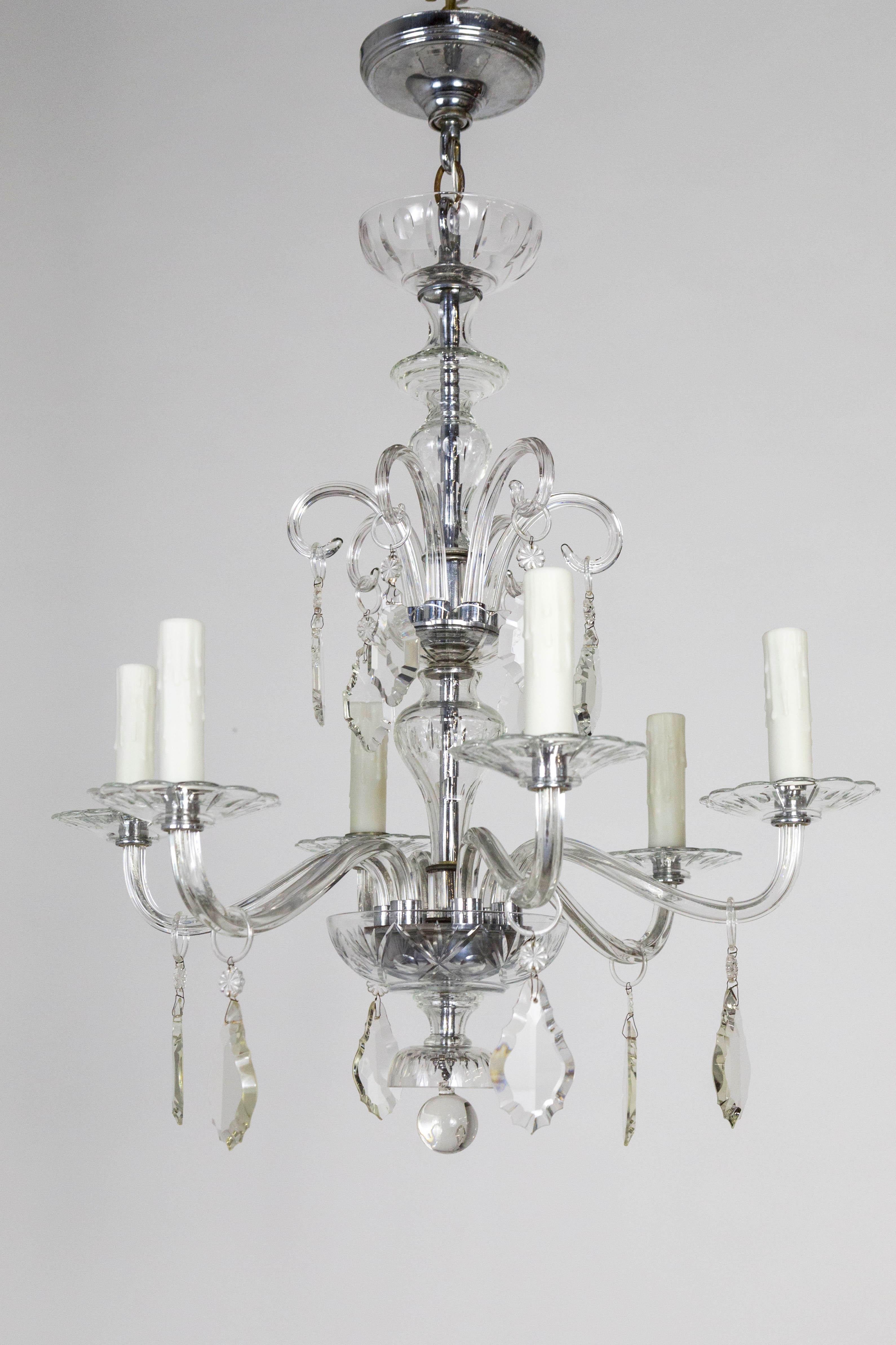 Petite 1920s Glass & Crystal Chandelier with Chrome Accents 5