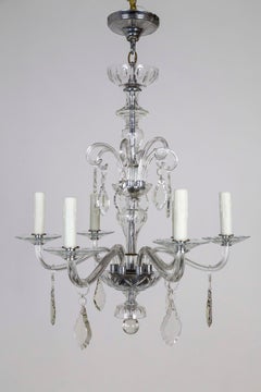 Petite 1920s Glass & Crystal Chandelier with Chrome Accents