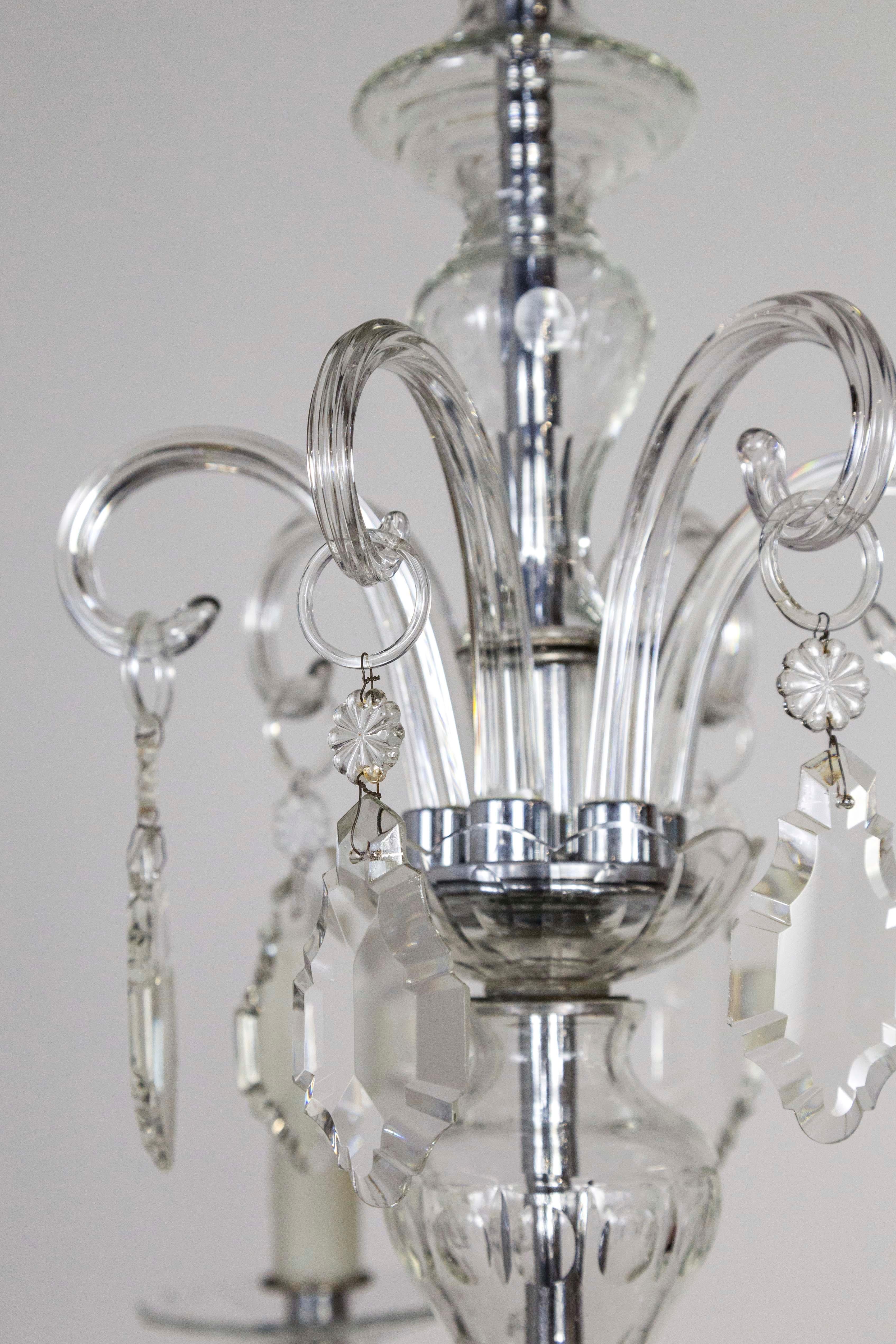 Petite 1920s Glass & Crystal Chandelier with Chrome Accents In Good Condition In San Francisco, CA