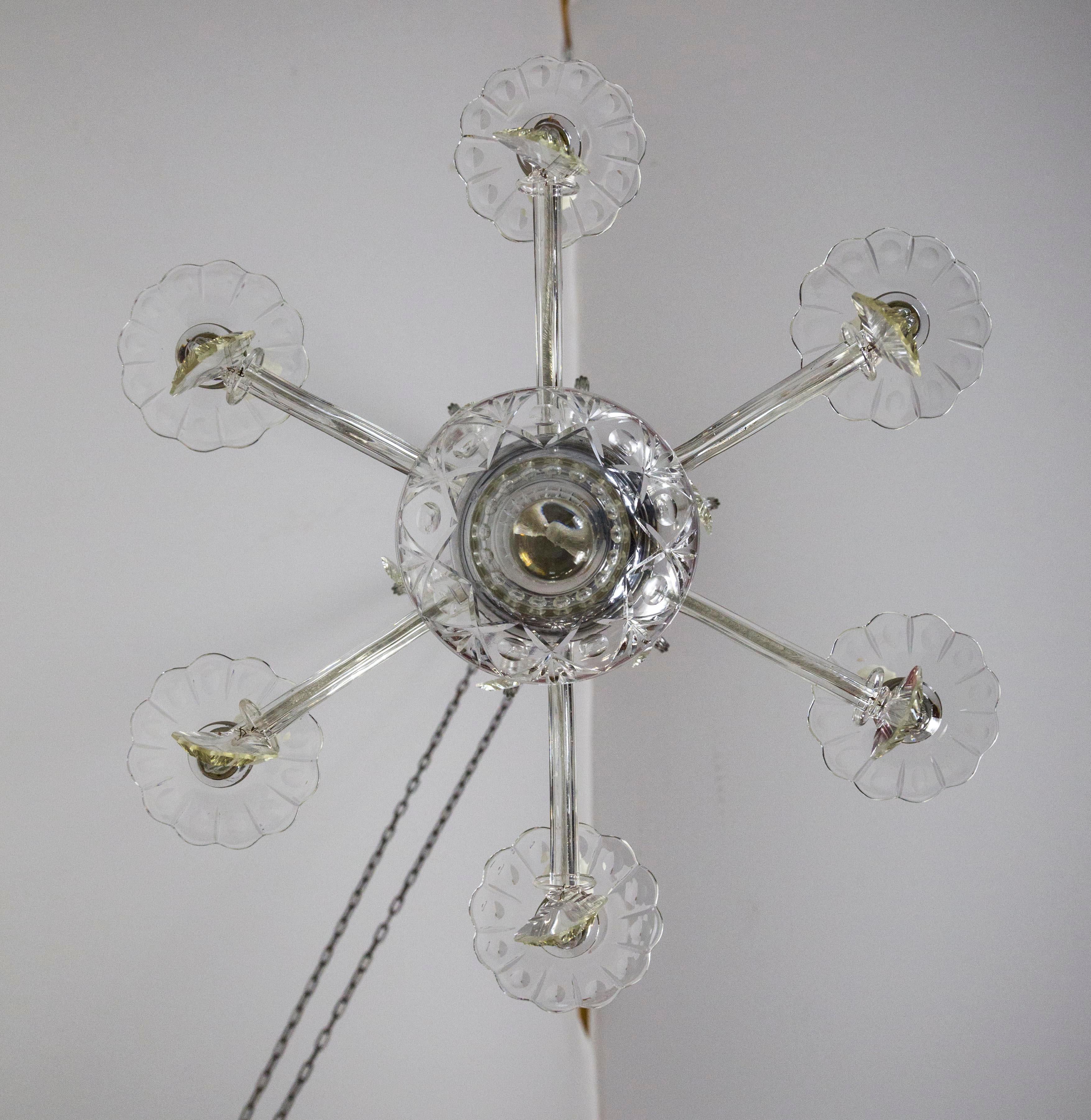 Petite 1920s Glass & Crystal Chandelier with Chrome Accents 1