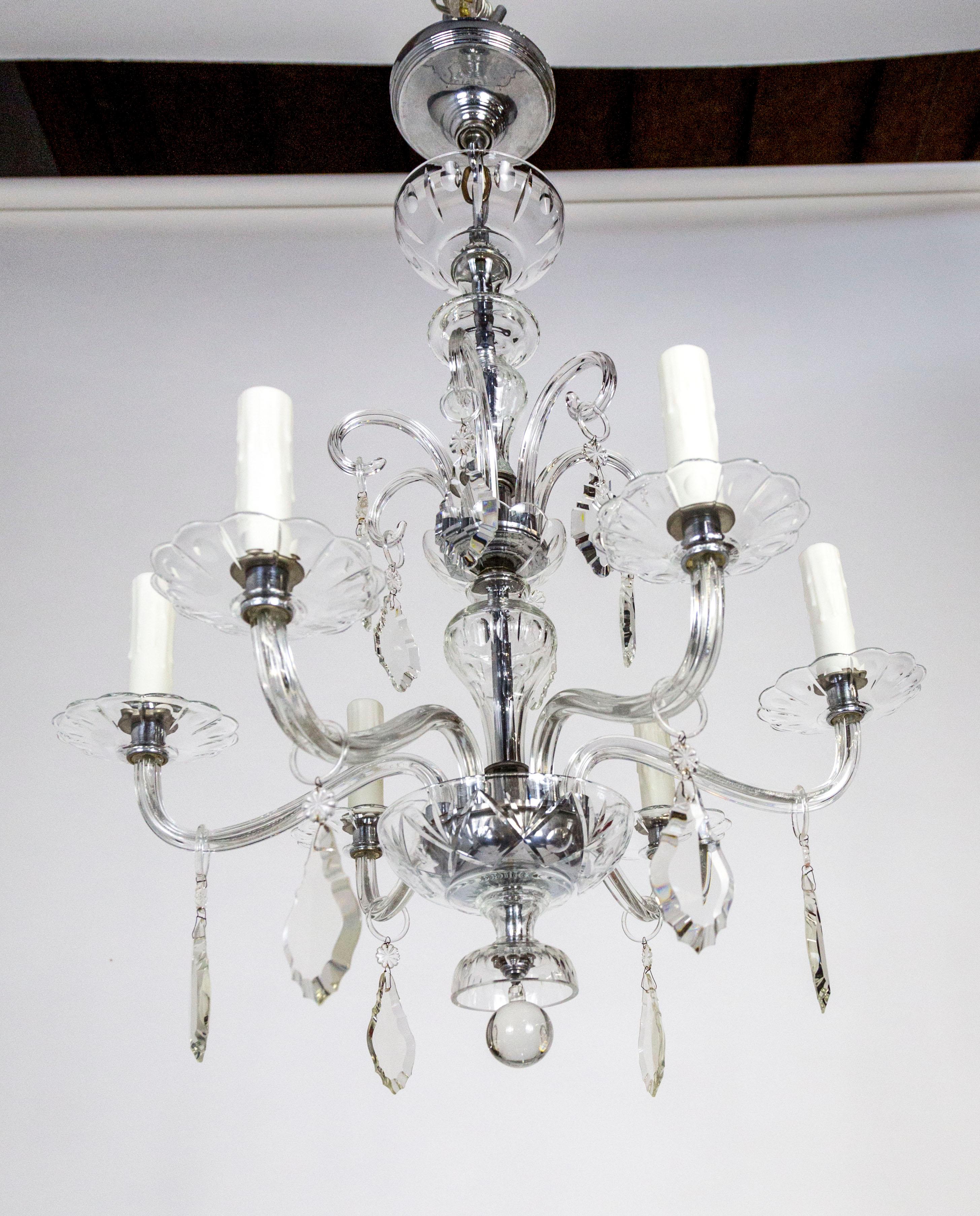 Petite 1920s Glass & Crystal Chandelier with Chrome Accents 2